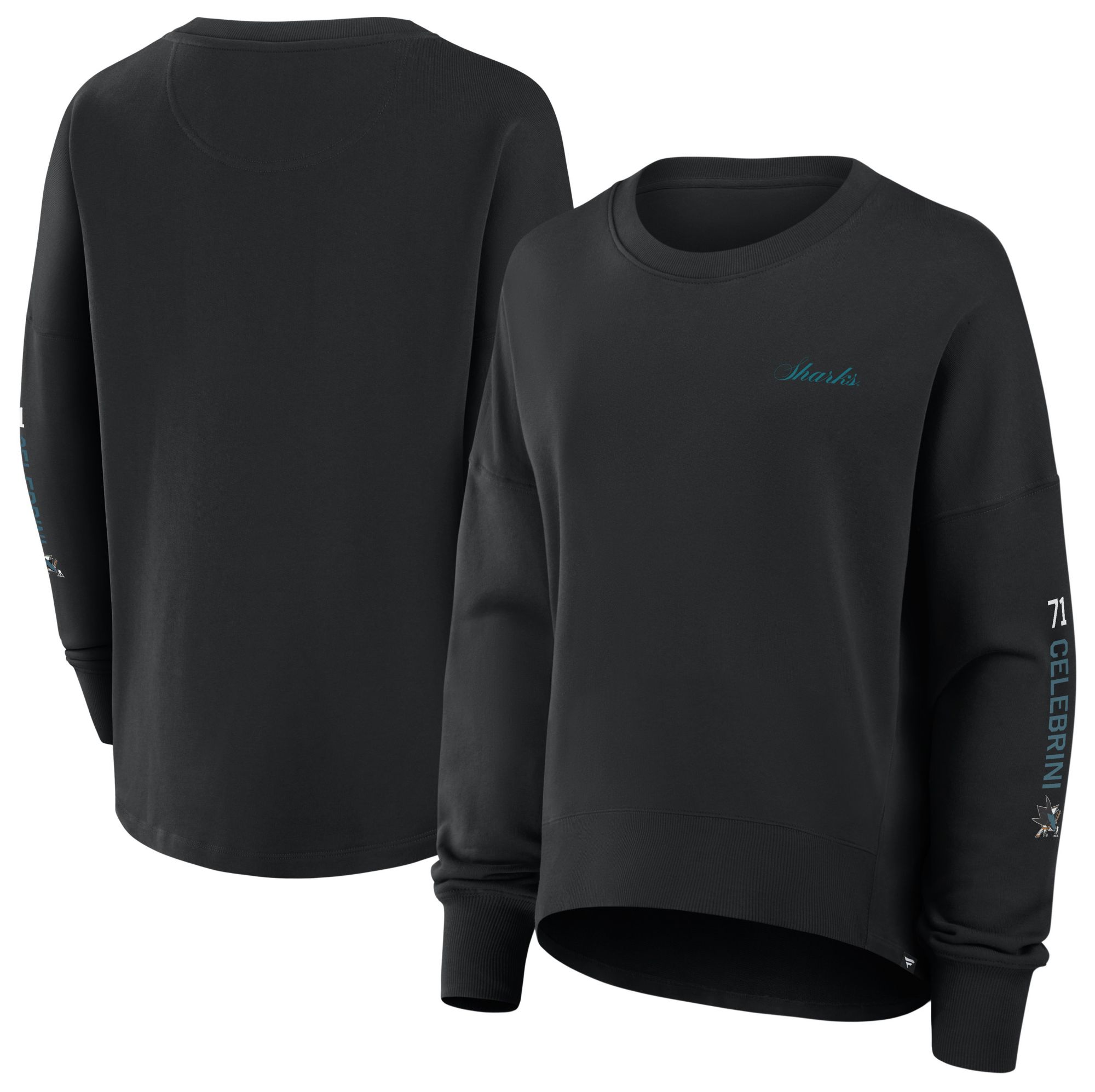 NHL Women's San Jose Sharks Macklin Celebrini #71 Black Script Crewneck Sweatshirt product image