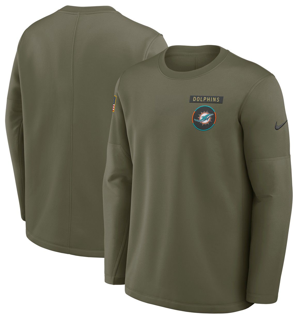 Nike Men's Miami Dolphins Olive Salute To Service 2025 Coaches Therma-FIT Crew Sweatshirt product image