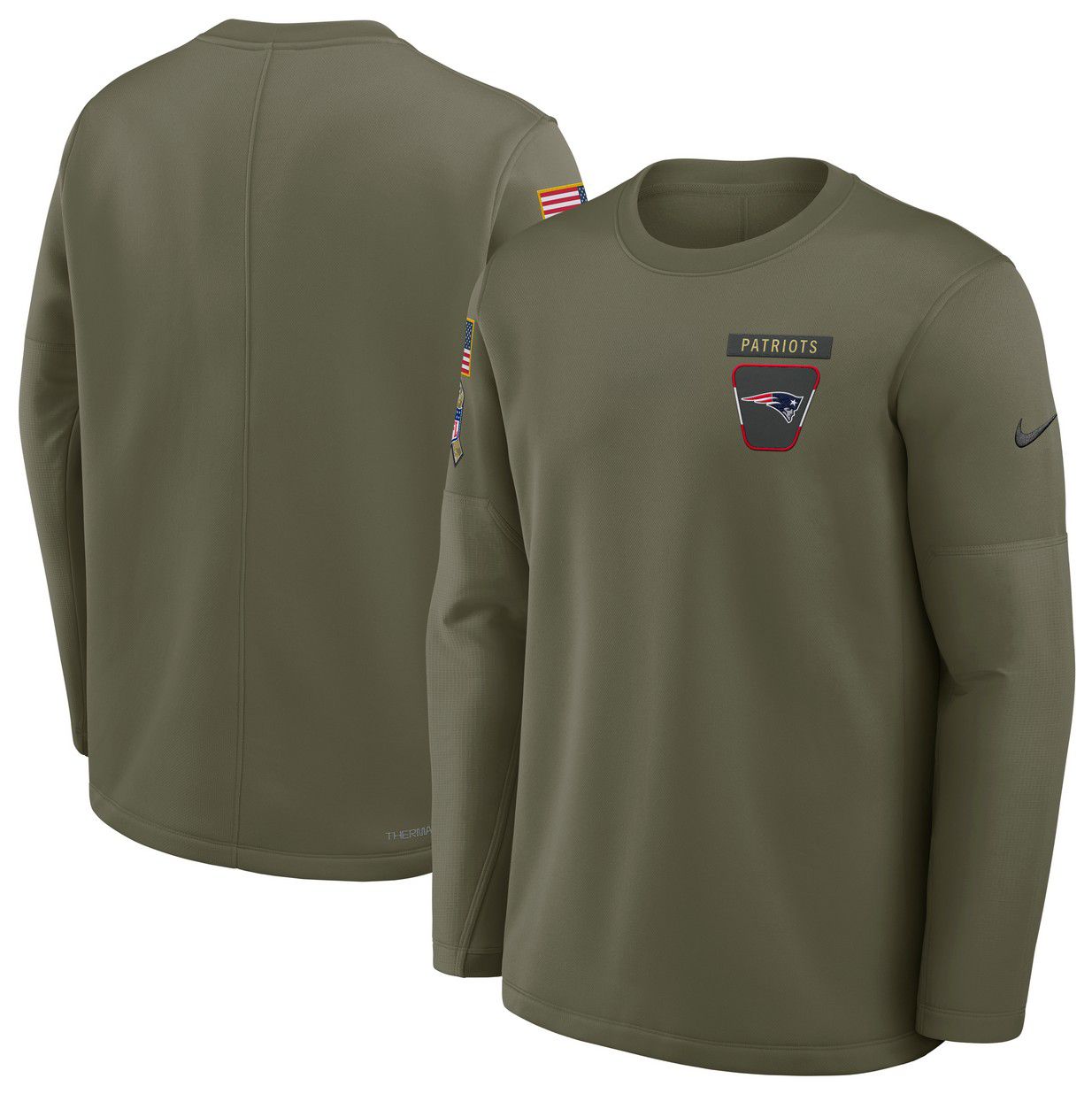 Nike Men's New England Patriots Olive Salute To Service 2025 Coaches Therma-FIT Crew Sweatshirt product image