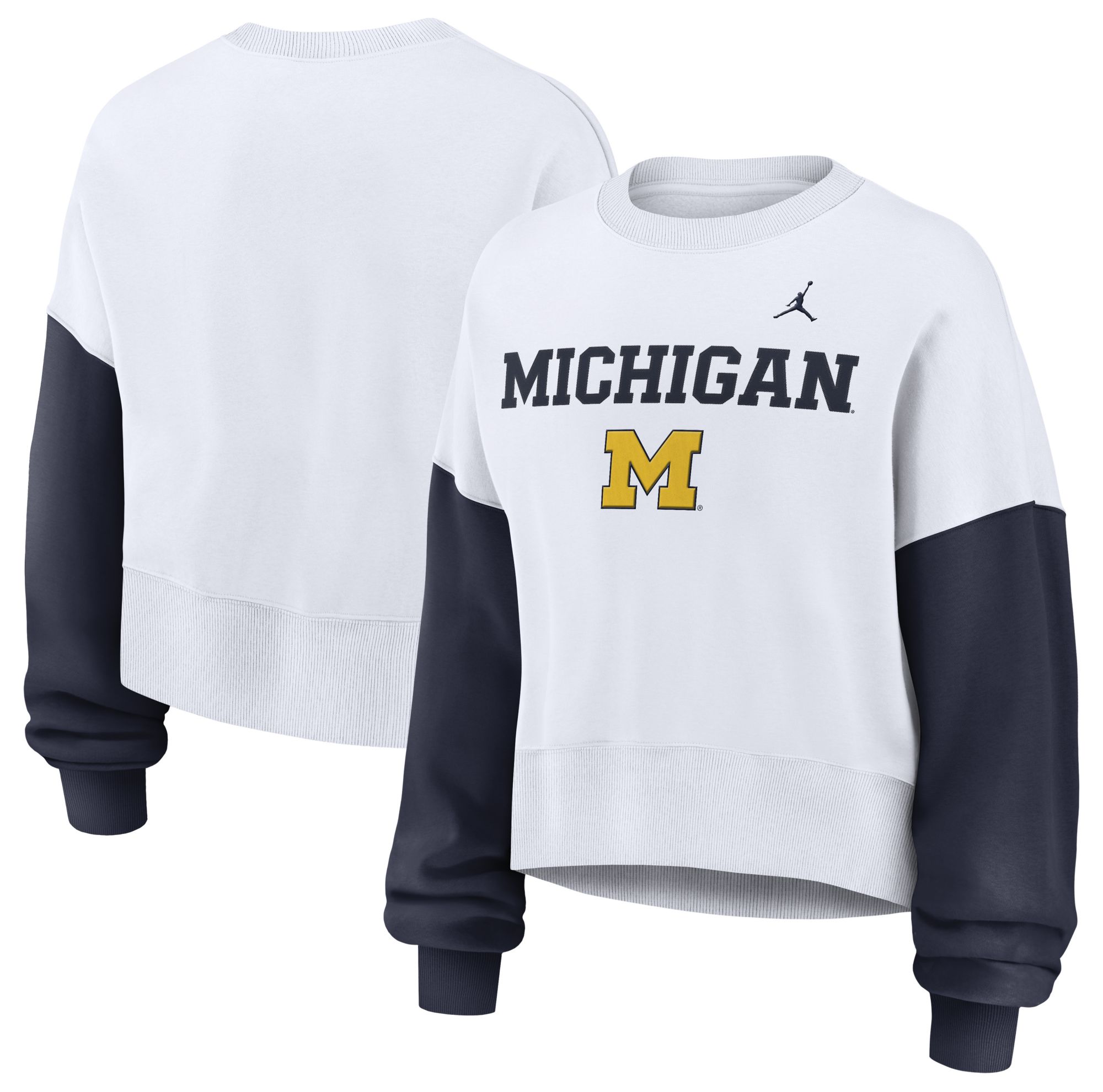 Jordan Women's Michigan Wolverines WHITE/NAVY Phoenix Crew Neck Sweatshirt product image