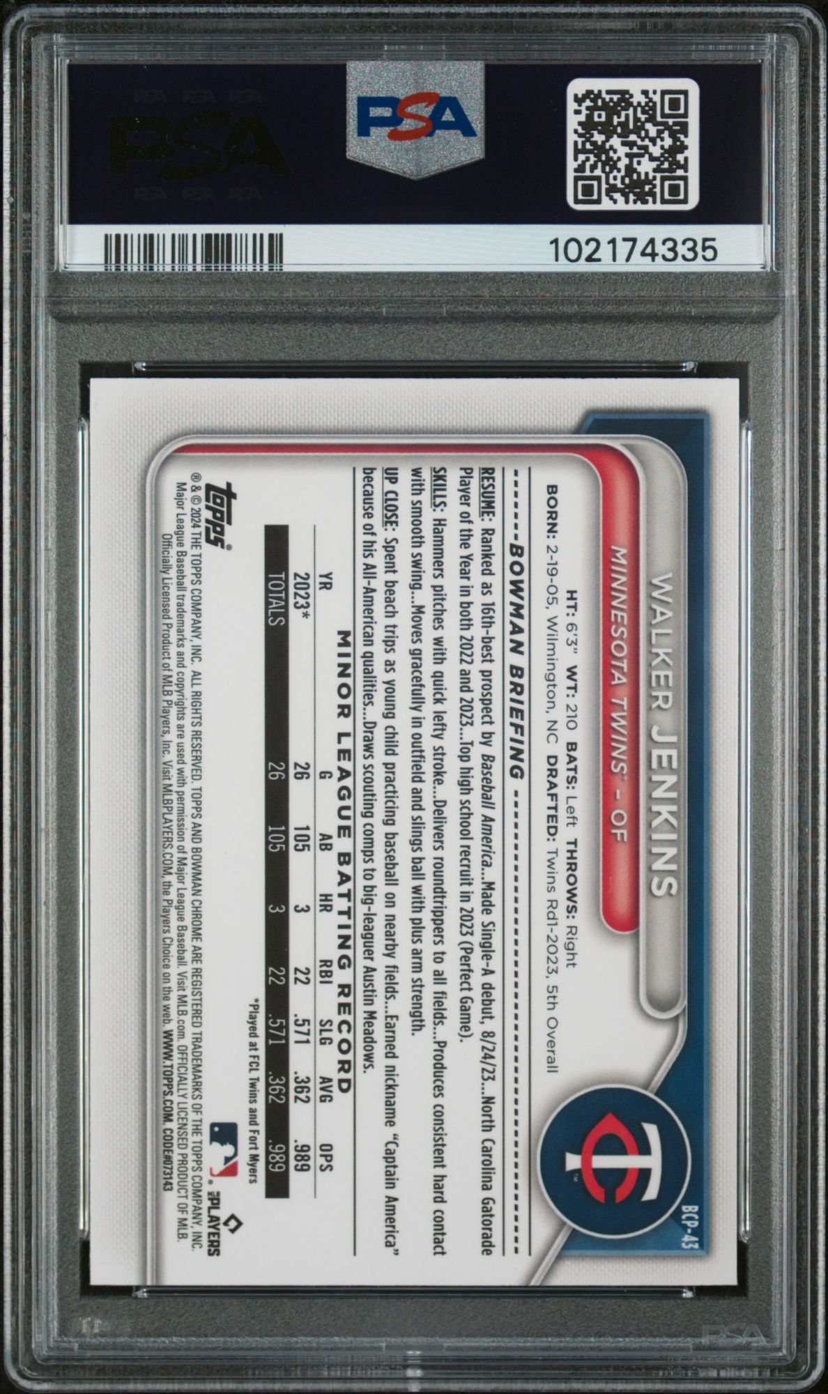2024 Bowman Chrome Prospects BCP43 Walker Jenkins Lava Refractor PSA 9 product image