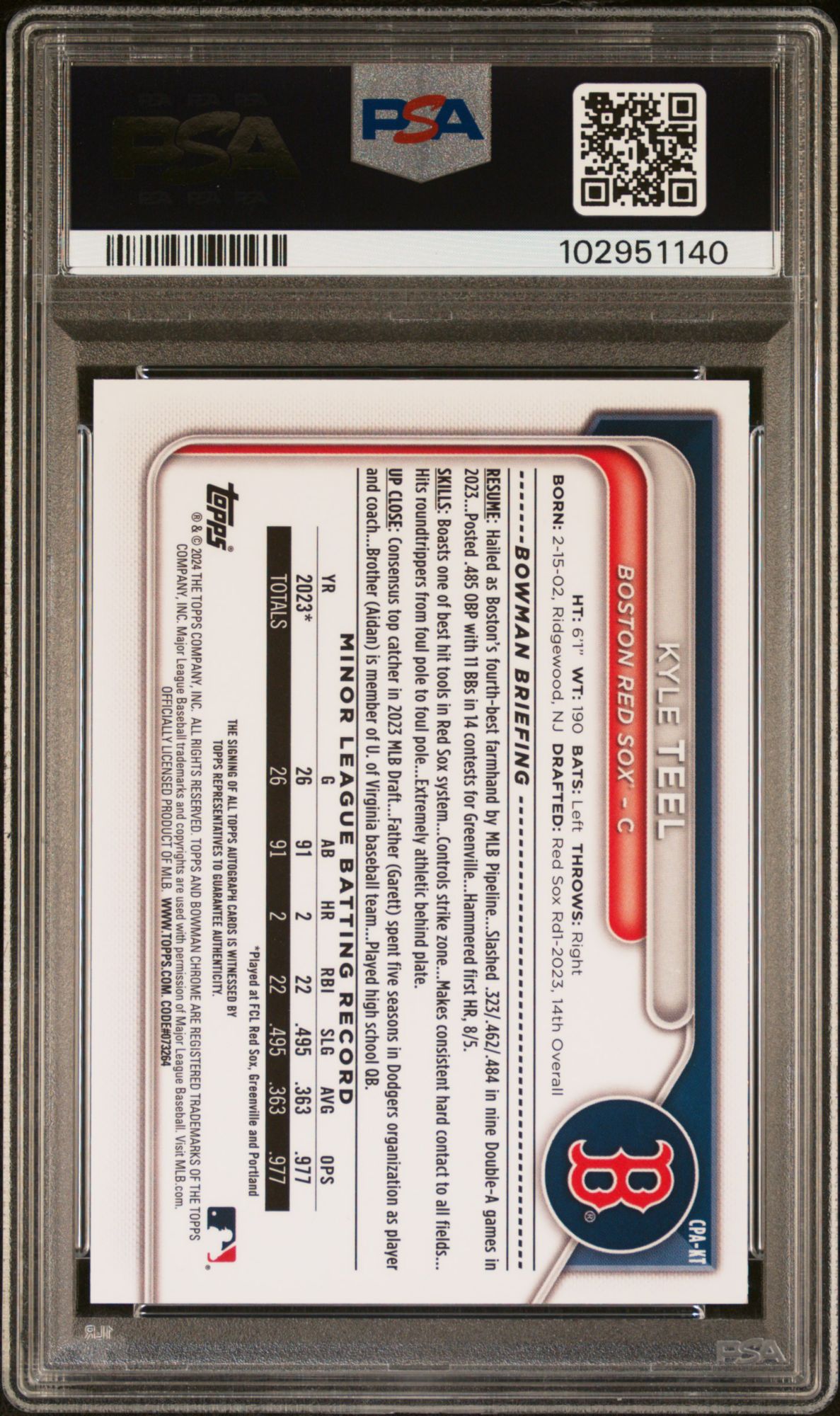 2024 Bowman Chrome Prospect Autographs CPAKT Kyle Teel Speckle Refractor PSA 10 product image