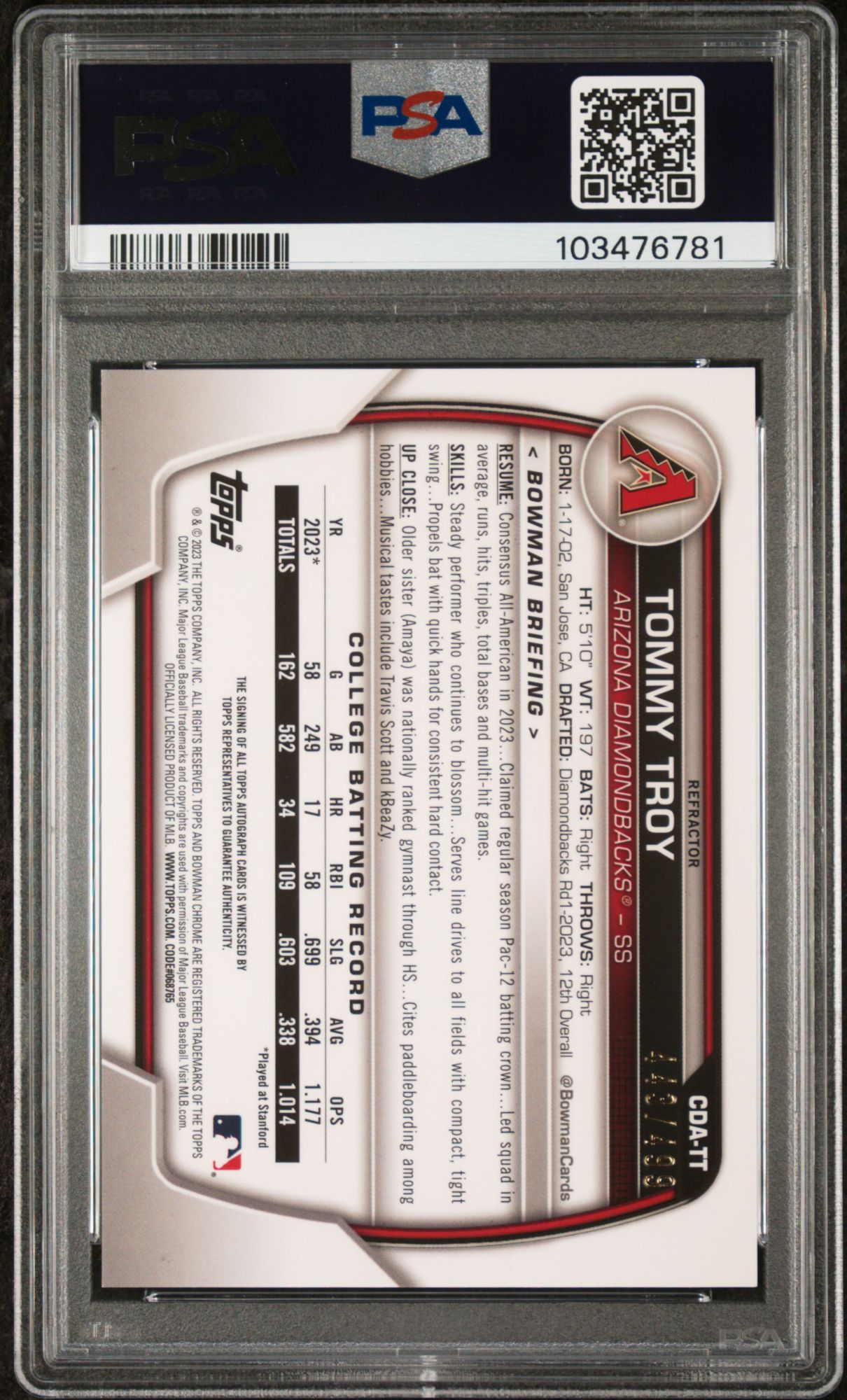 2023 Bowman Draft Chrome Prospect Autograph CDATT Tommy Troy Refractor PSA 10 product image