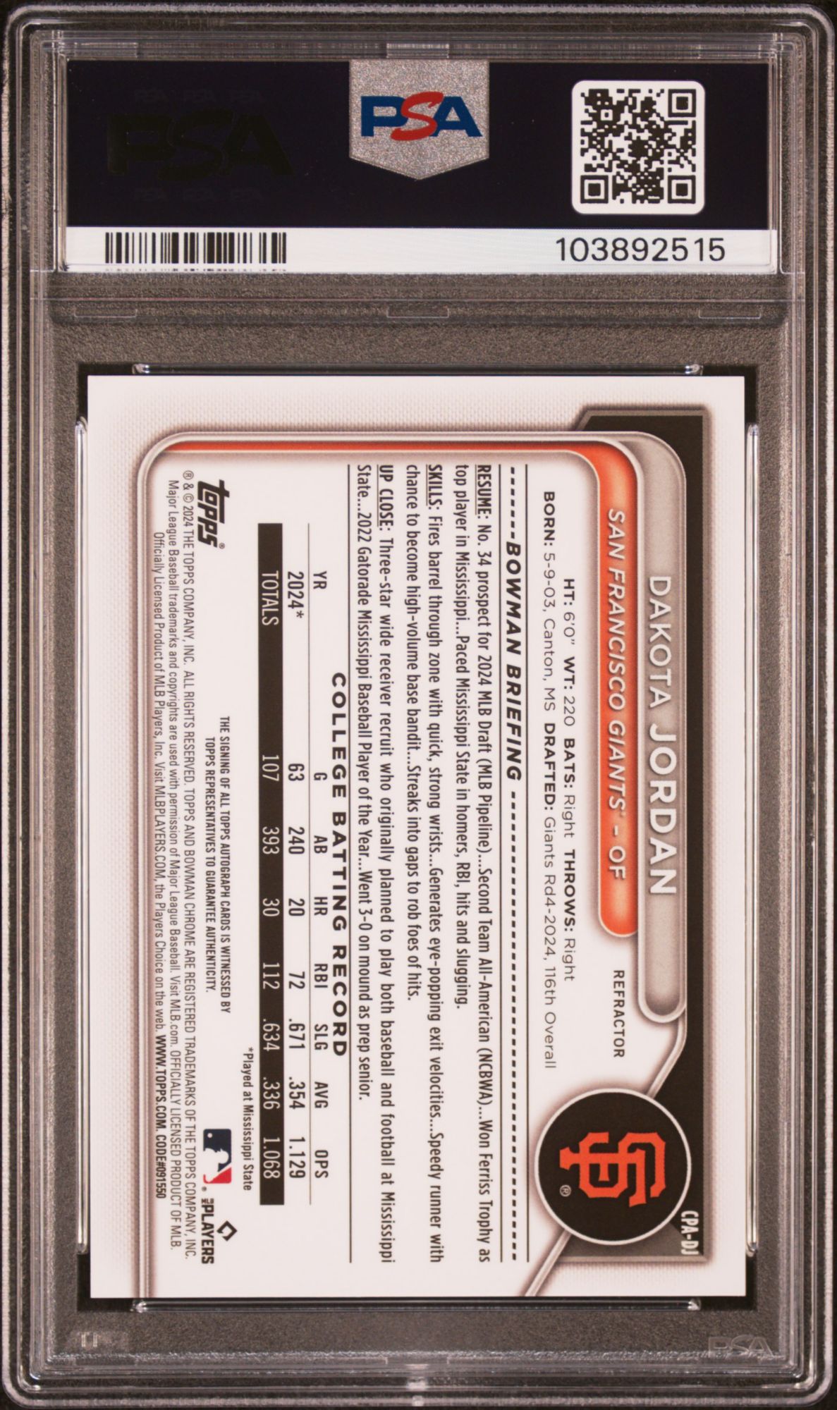 2024 Bowman Draft Chrome Prospect Autographs CPADJ Dakota Jordan Refractor PSA 10 product image