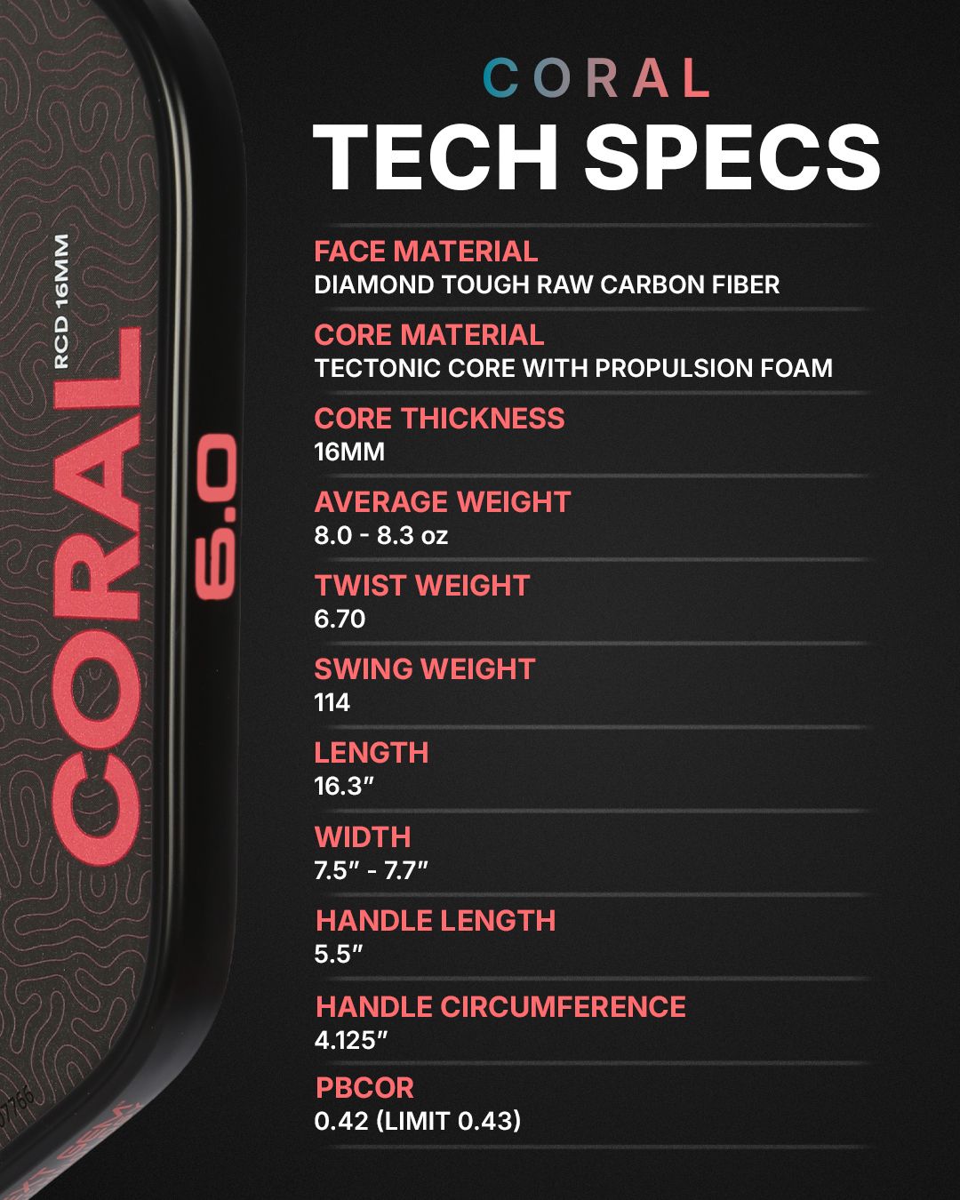 Six Zero Coral 16mm Pickleball Paddle product image