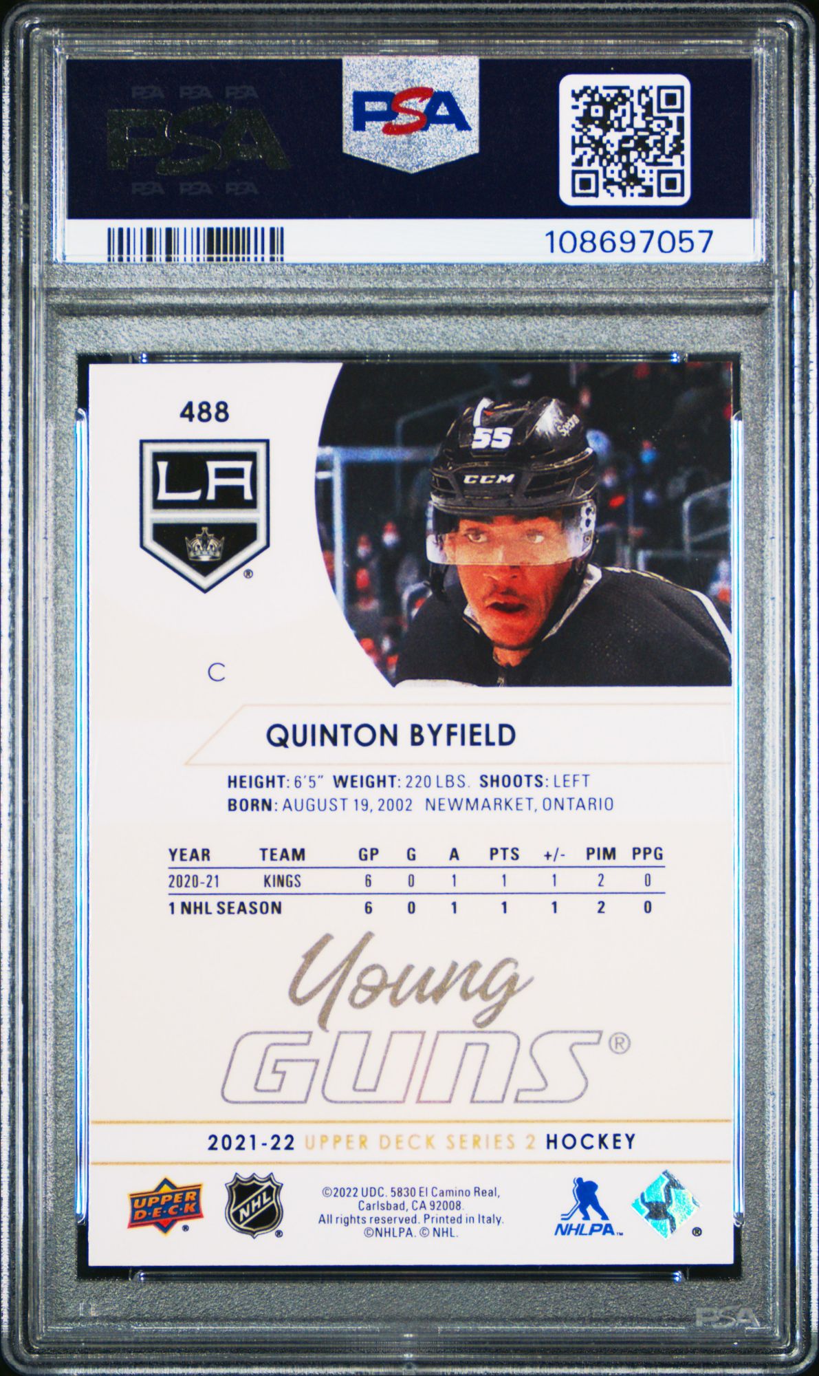 2021-2022 Upper Deck 488 Quinton Byfield Speckled Rainbow Foil PSA 10 product image