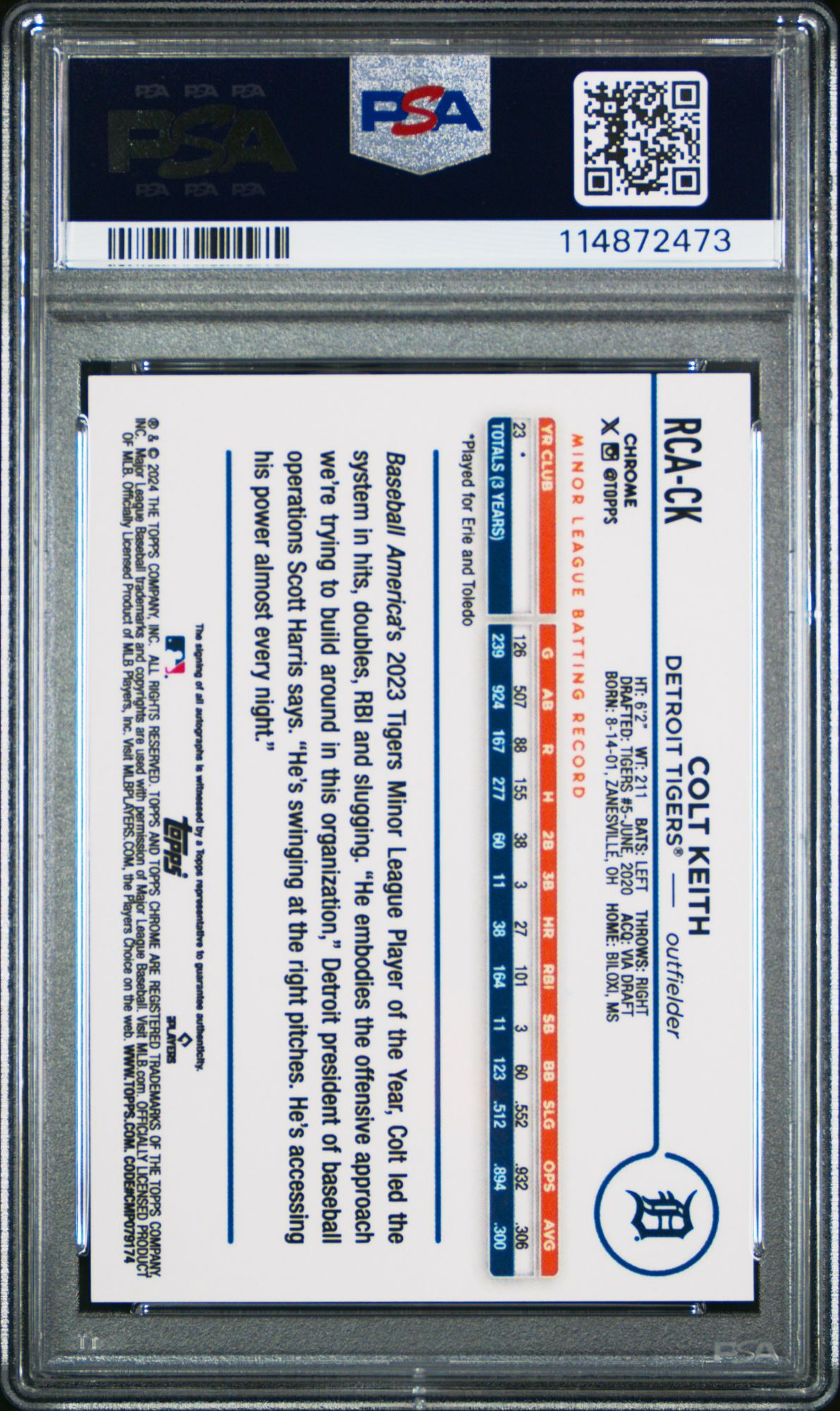 2024 Topps Chrome Logofractor Edition MLB Refractor Chrome Autographs RCACK Colt Keith PSA 10 product image
