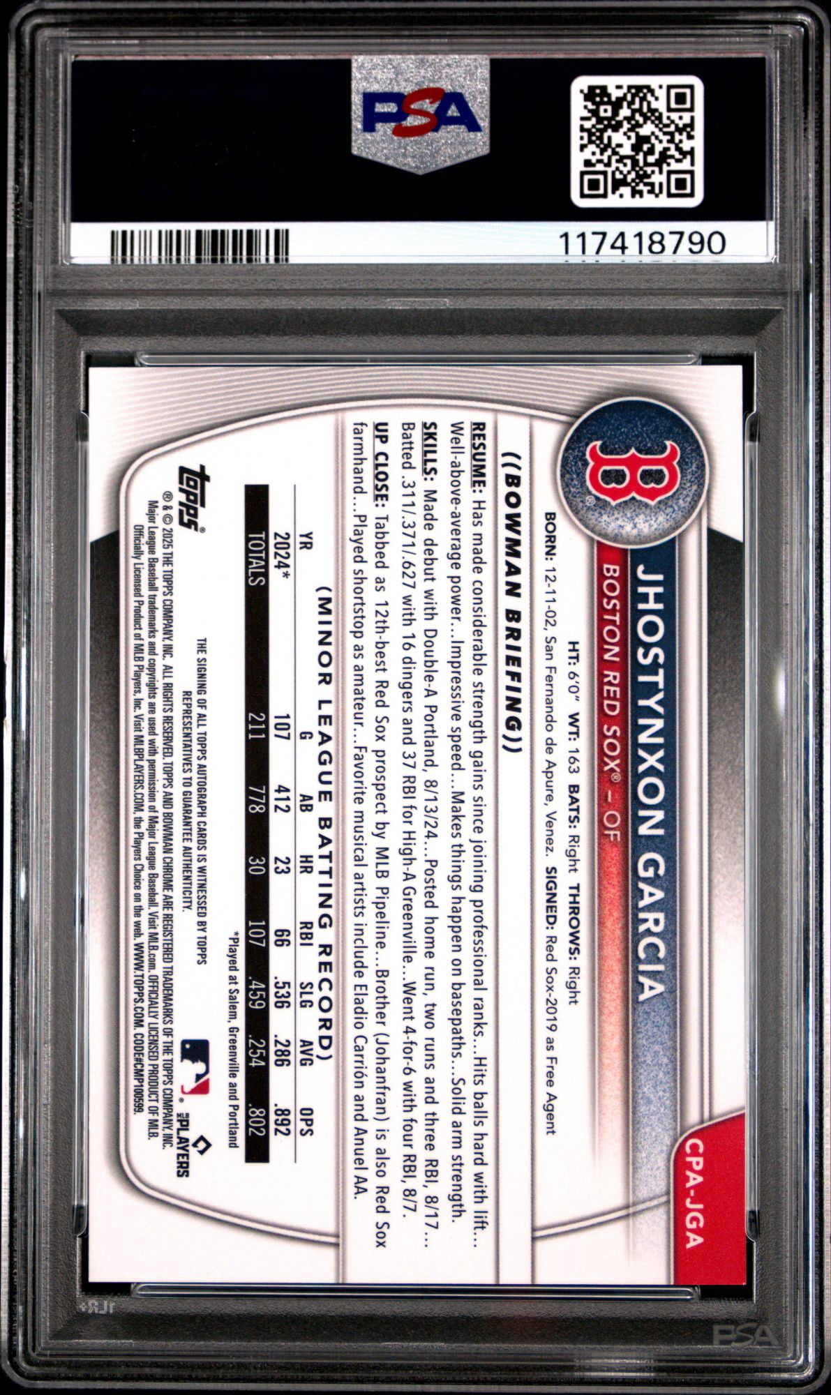 2025 Bowman Chrome Prospect Autographs CPAJGA Jhostynxon Garcia PSA 10 product image