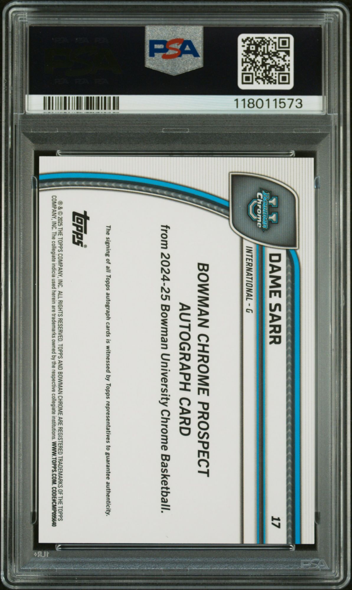2024 Bowman Chrome University 17 Dame Sarr Autograph-stealth Refractor PSA 10 product image