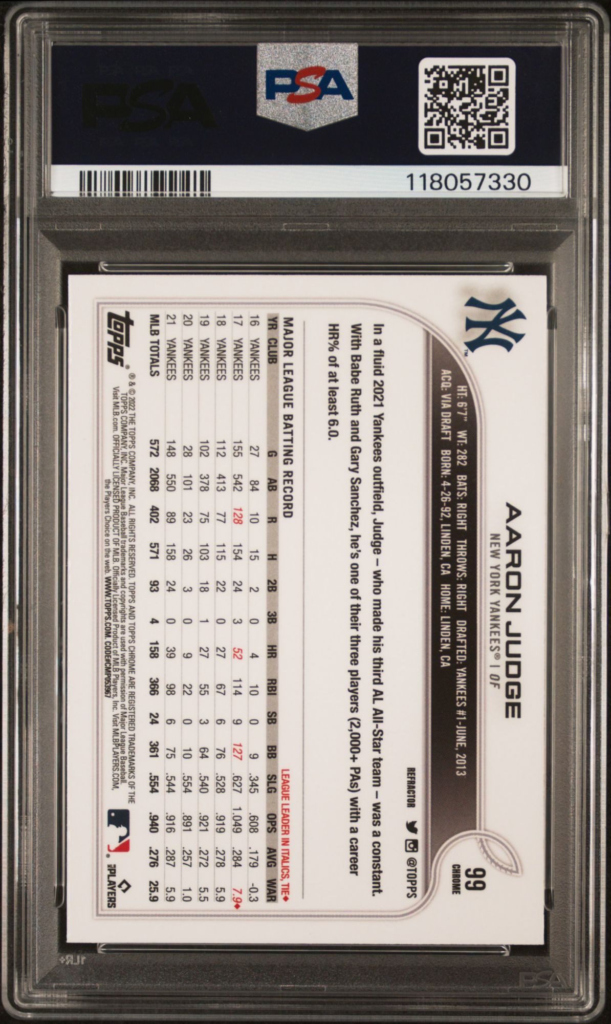 2022 Topps Chrome 99 Aaron Judge Refractor PSA 10 product image