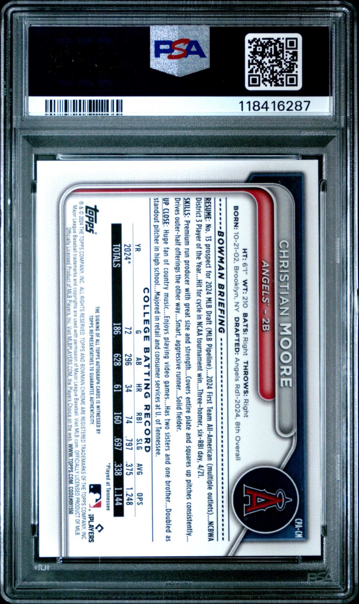 2024 Bowman Draft Chrome Prospect Autographs CPACM Christian Moore PSA 10 product image