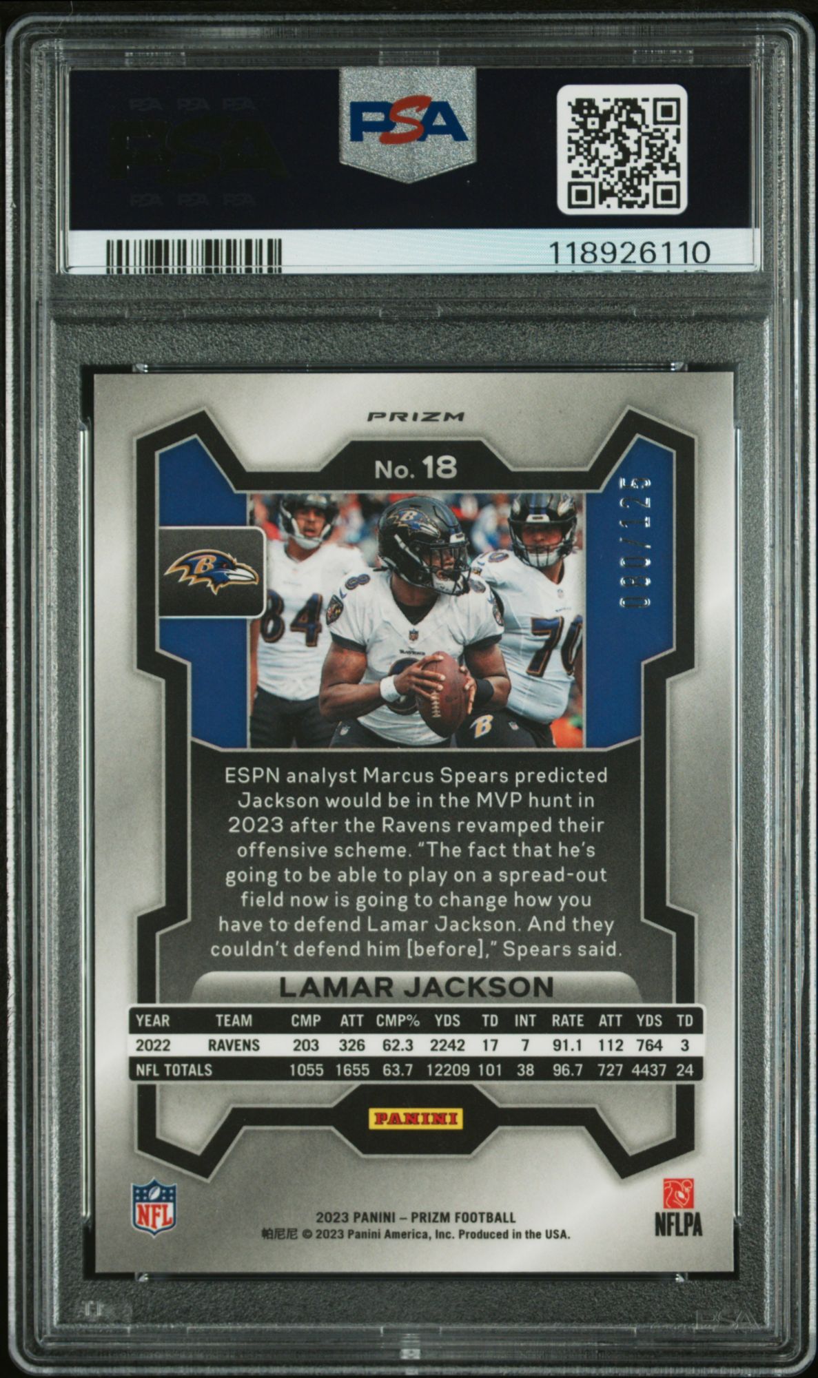 2023 Panini Prizm 18 Lamar Jackson Purple Prizm PSA 10 product image