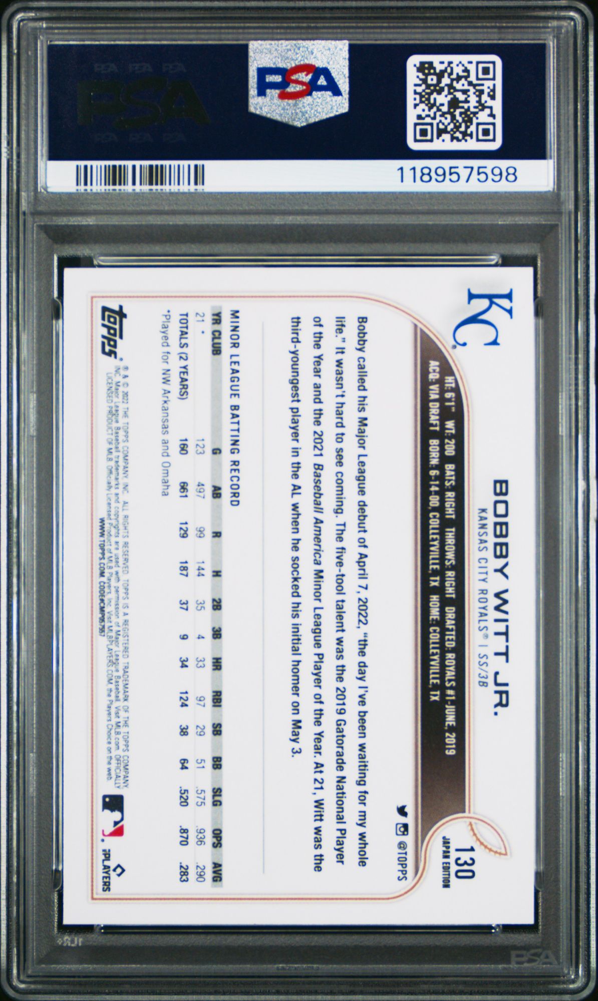 2022 Topps Japan Edition 130 Bobby Witt Jr. PSA 10 product image