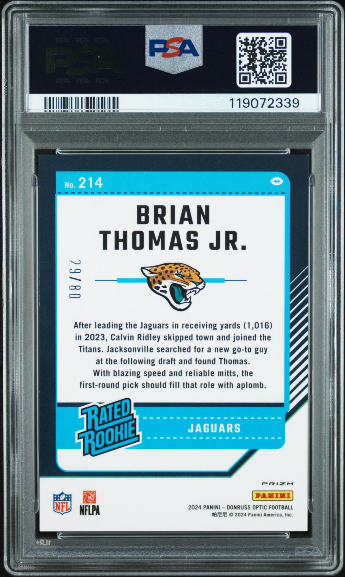 2024 Panini Donruss Optic 214 Brian Thomas Jr. Pink Velocity PSA 10 product image