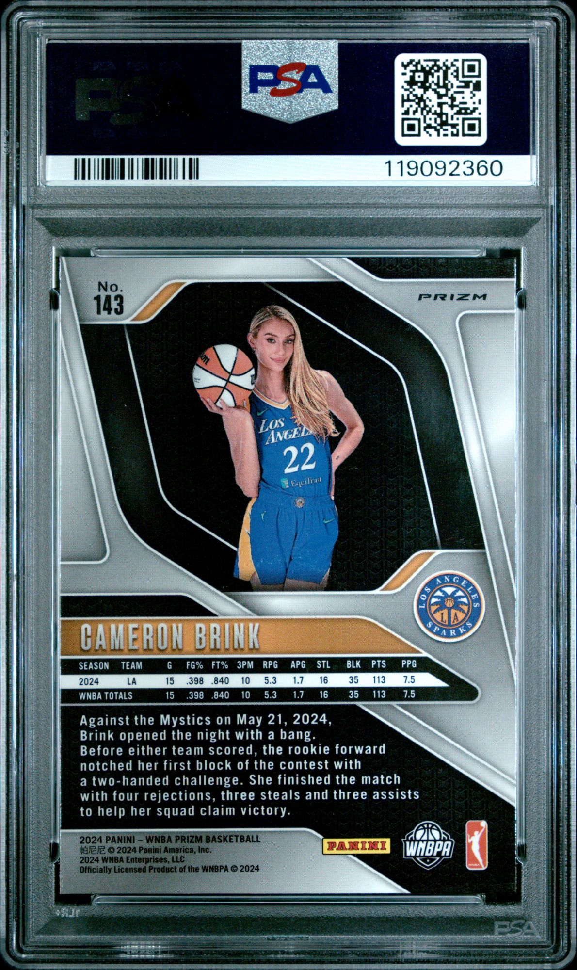 2024 Panini Prizm WNBA 143 Cameron Brink Blue Velocity PSA 10 product image