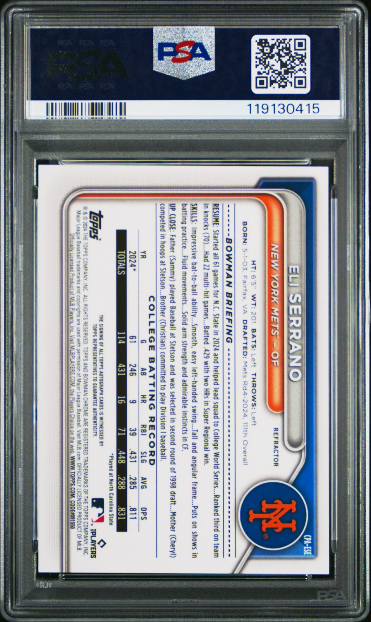 2024 Bowman Draft Chrome Prospect Autographs CPAESE Eli Serrano Refractor PSA 10 product image
