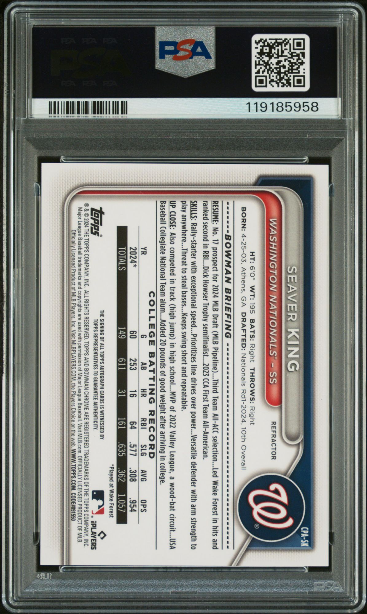 2024 Bowman Draft Chrome Prospect Autographs CPASK Seaver King Refractor PSA 10 product image