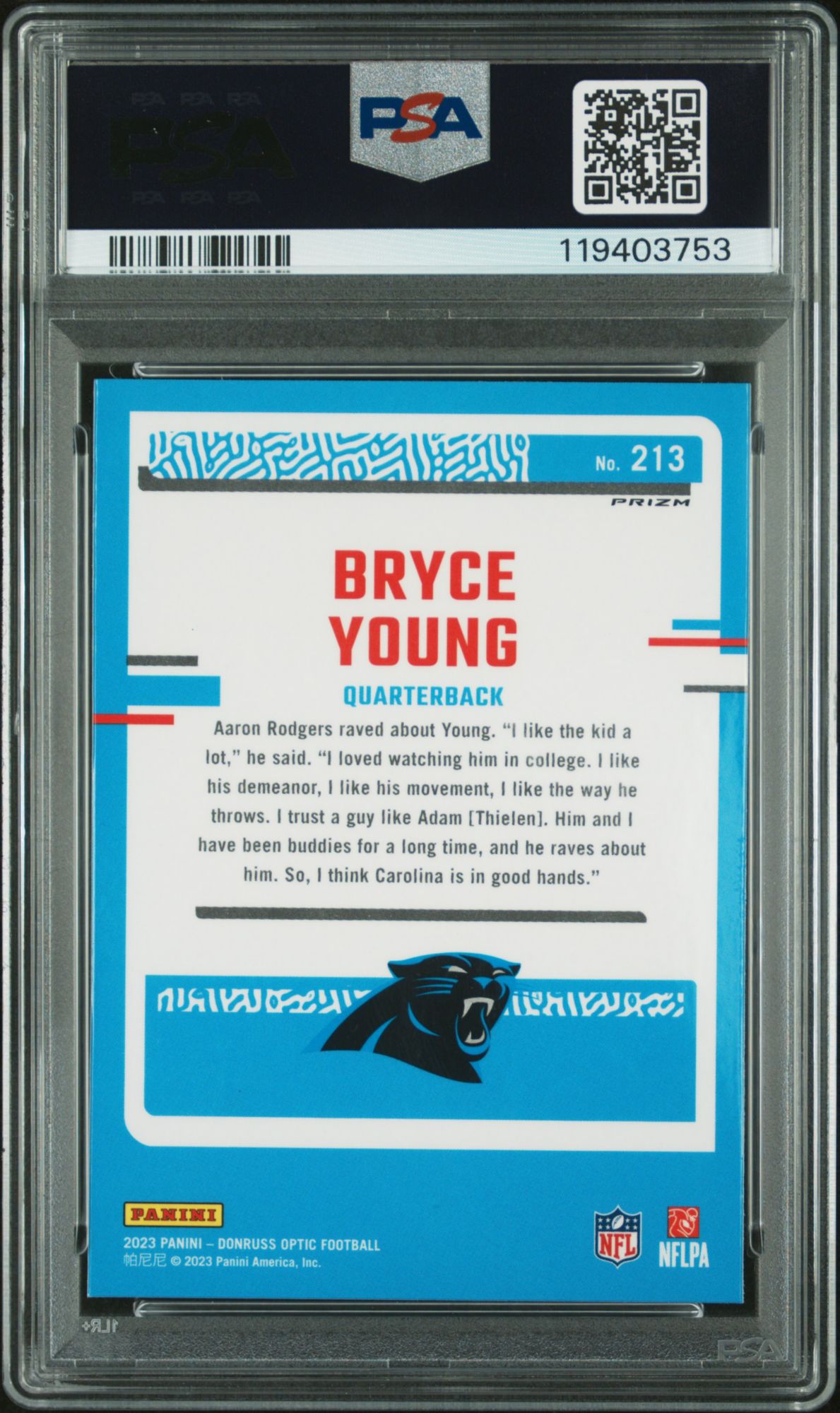 2023 Panini Donruss Optic 213 Bryce Young Holo PSA 10 product image