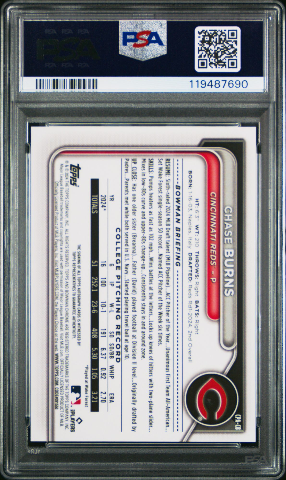 2024 Bowman Draft Sapphire Edition Chrome Sapphire Prospect Autographs CPACB Chase Burns PSA 9 product image
