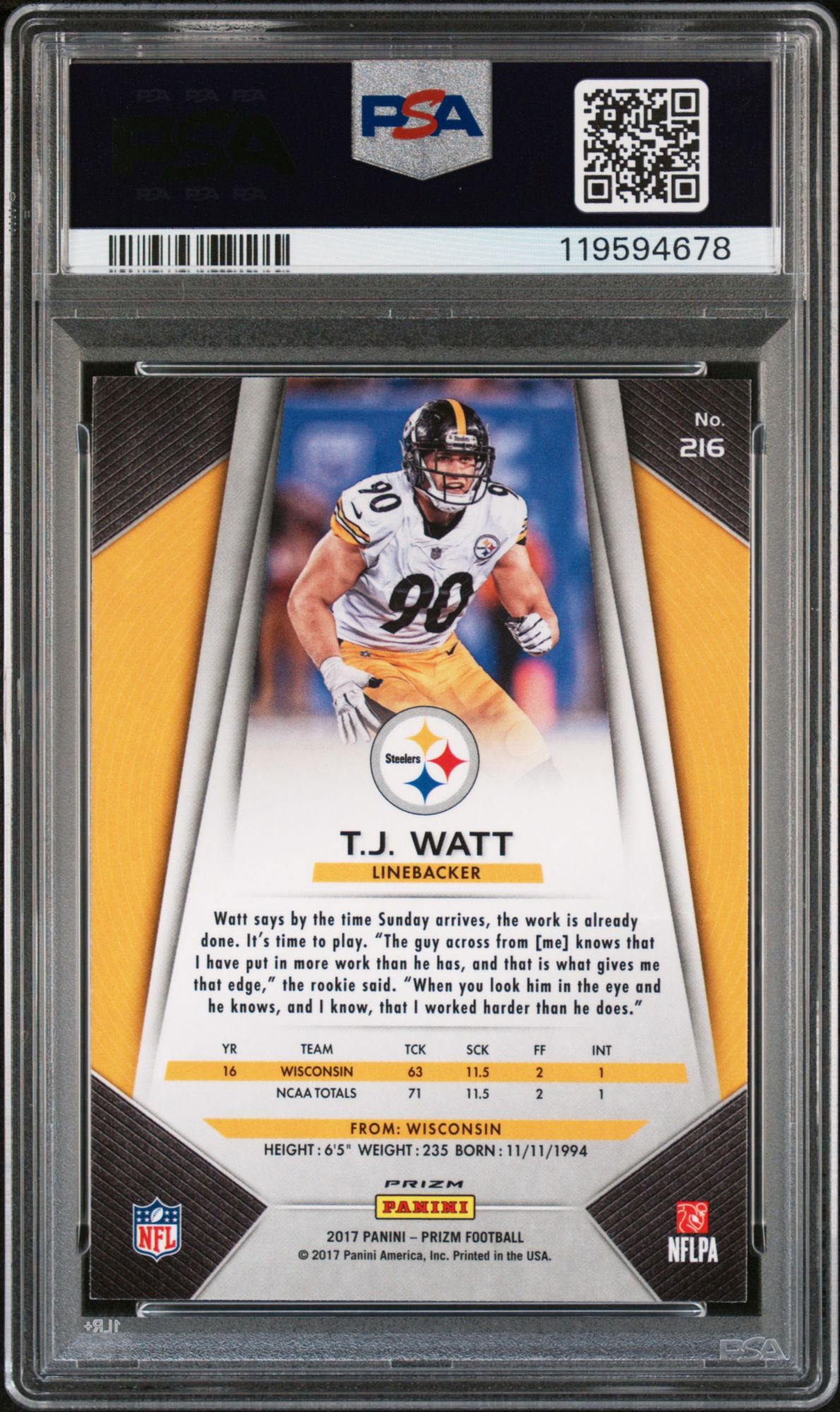 2017 Panini Prizm 216 T.j. Watt Prizm PSA 10 product image