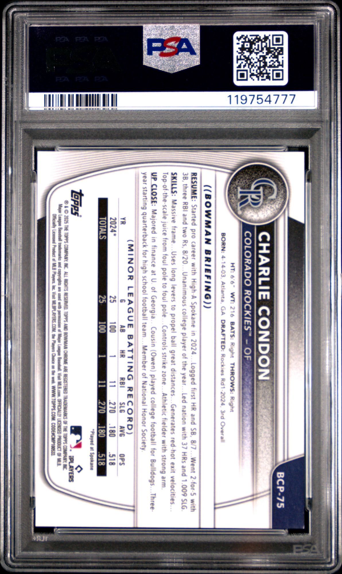 2025 Bowman Chrome Prospects BCP75 Charlie Condon Etched In Glass Variation PSA 9 product image