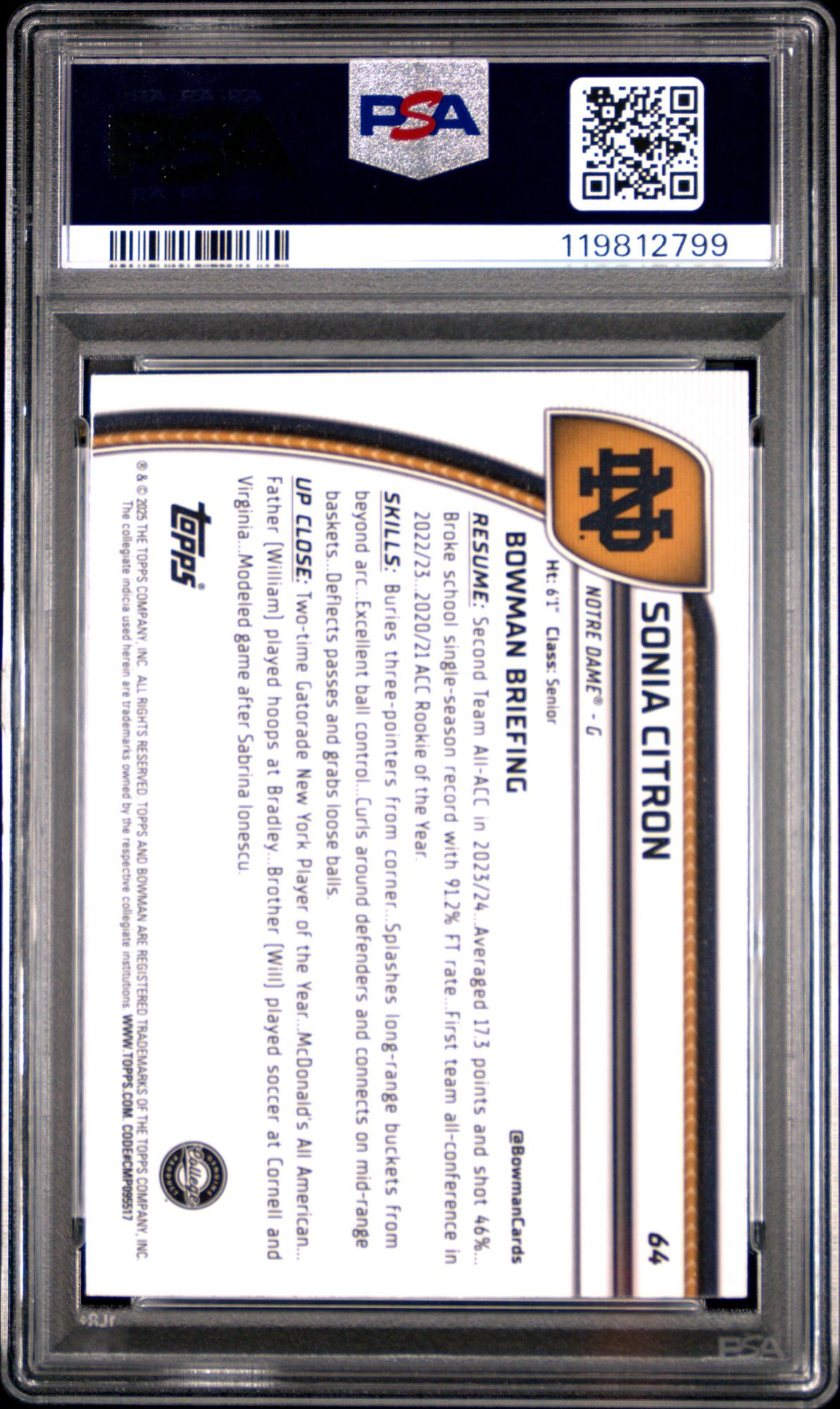 2024 Bowman Chrome University 64 Sonia Citron Purple Lava PSA 10 product image
