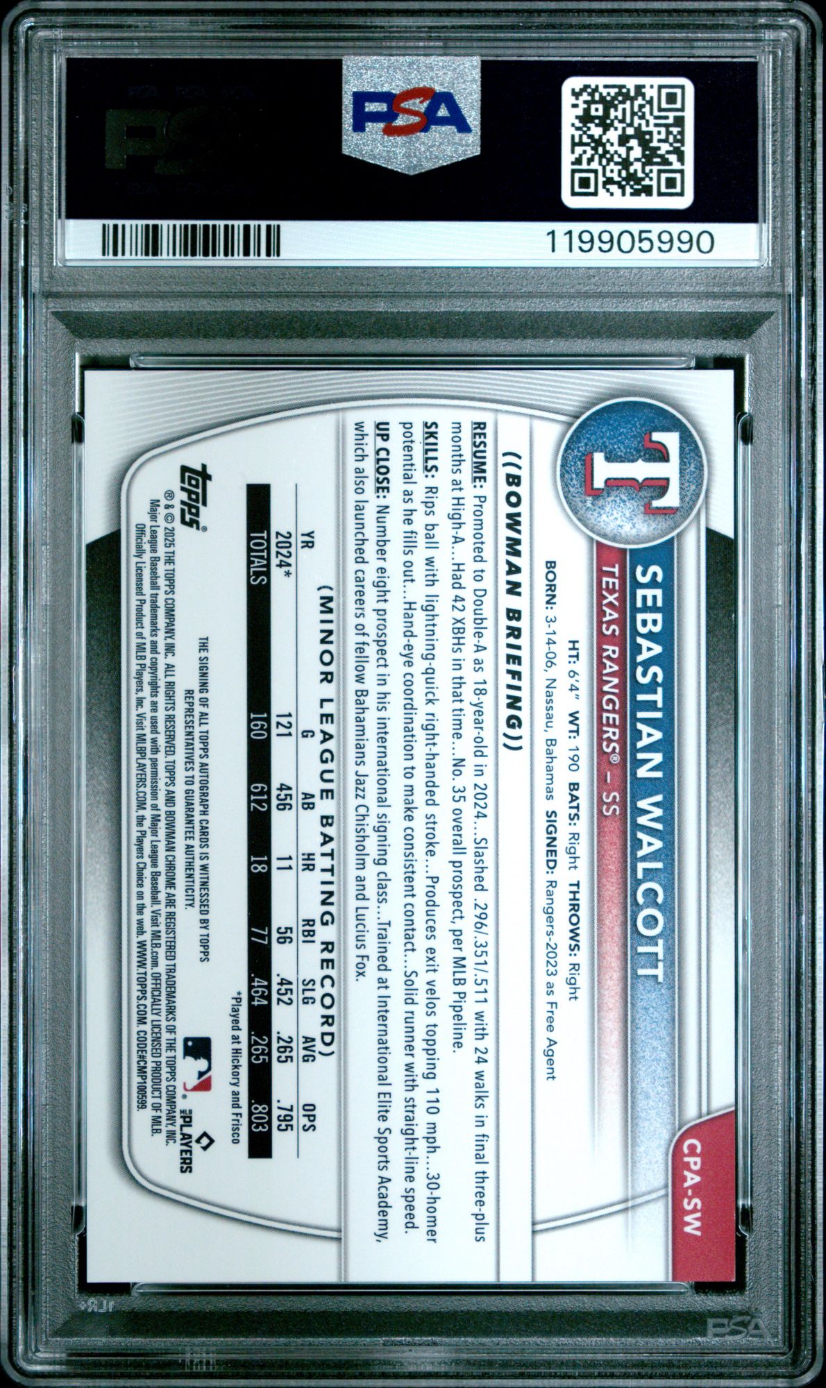 2025 Bowman Chrome Prospect Autographs CPASW Sebastian Walcott Speckle Refractor PSA 9 product image