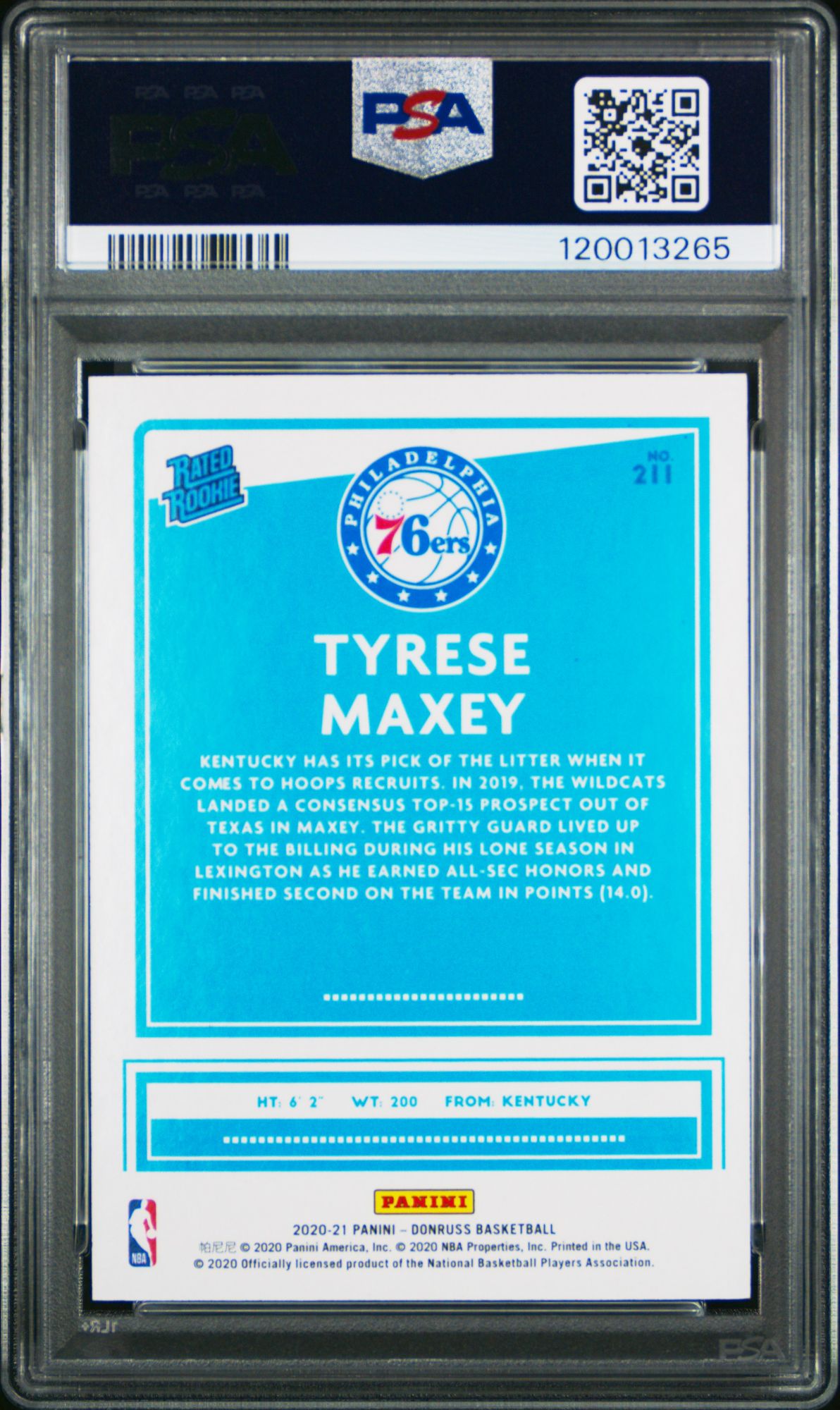 2020 Panini Donruss 211 Tyrese Maxey Press Proof Purple PSA 10 product image