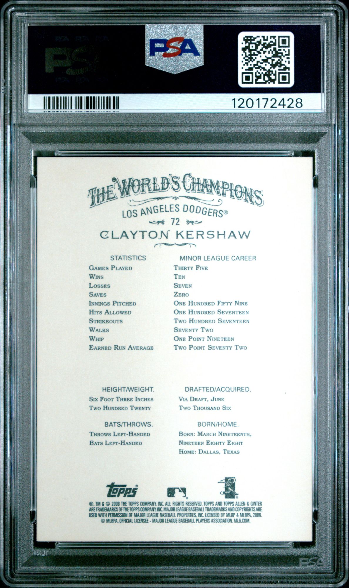 2008 Topps Allen & Ginter 72 Clayton Kershaw PSA 10 product image