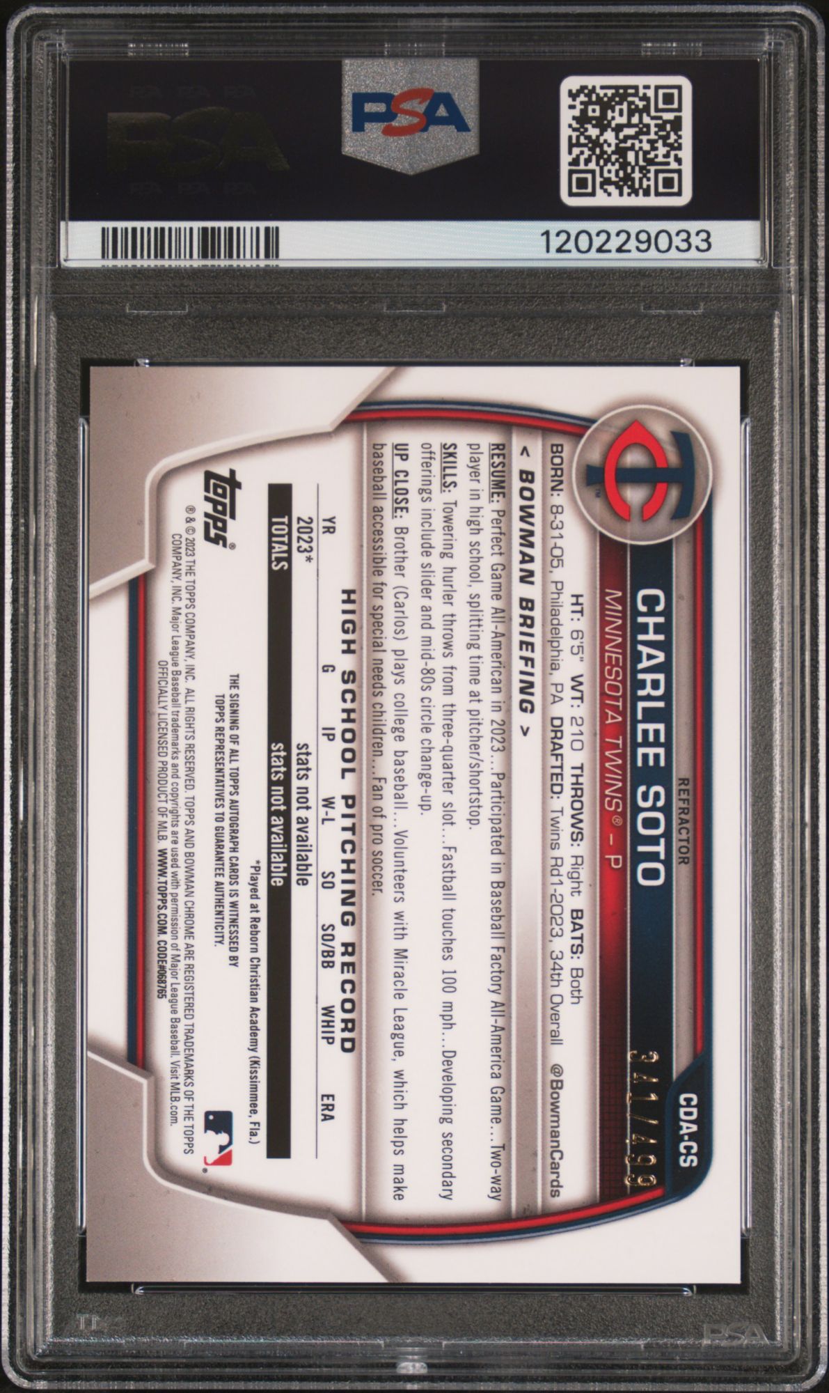 2023 Bowman Draft Chrome Prospect Autograph CDACS Charlee Soto Refractor PSA 10 product image