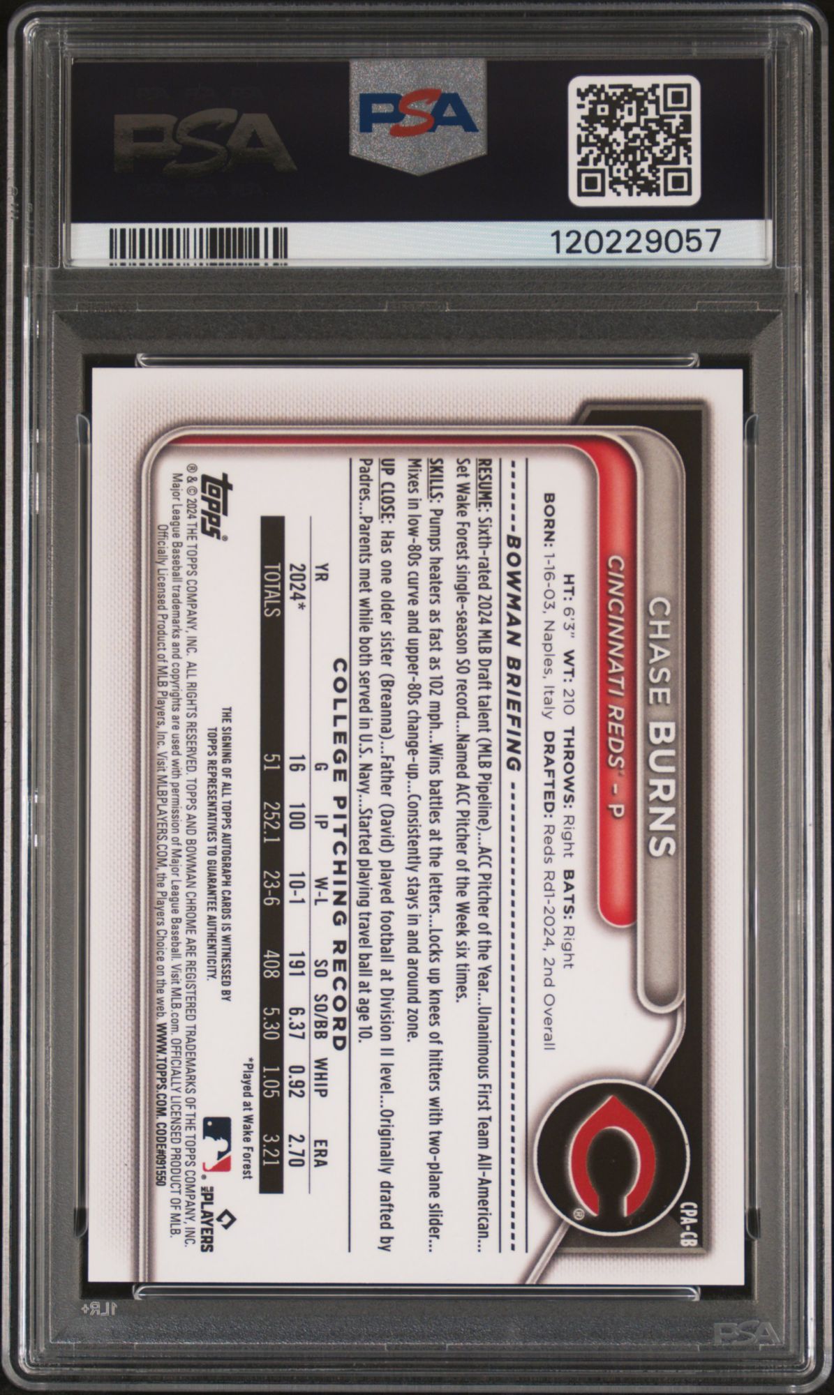 2024 Bowman Draft Chrome Prospect Autographs CPACB Chase Burns PSA 10 product image