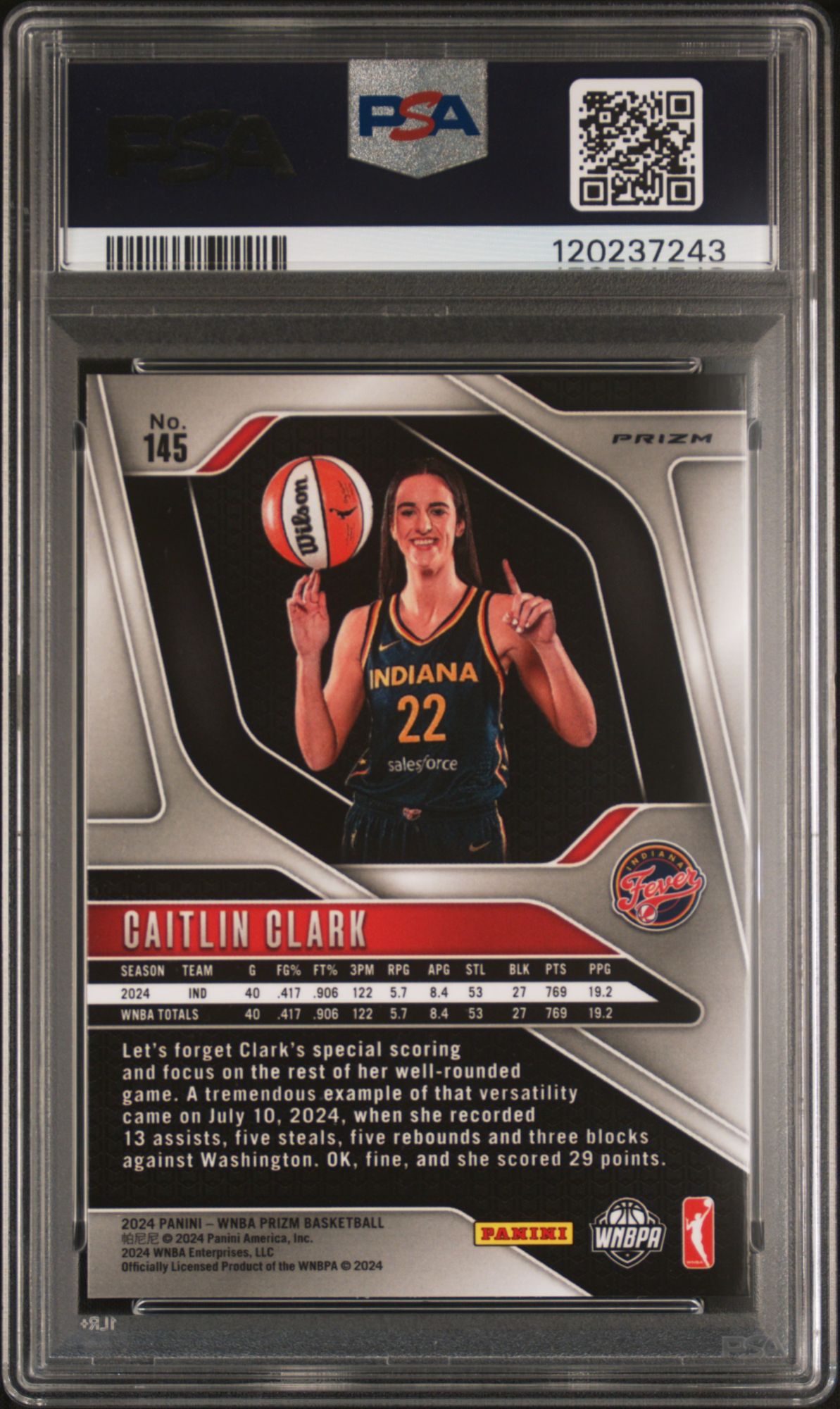 2024 Panini Prizm WNBA 145 Caitlin Clark Blue Velocity PSA 8 product image