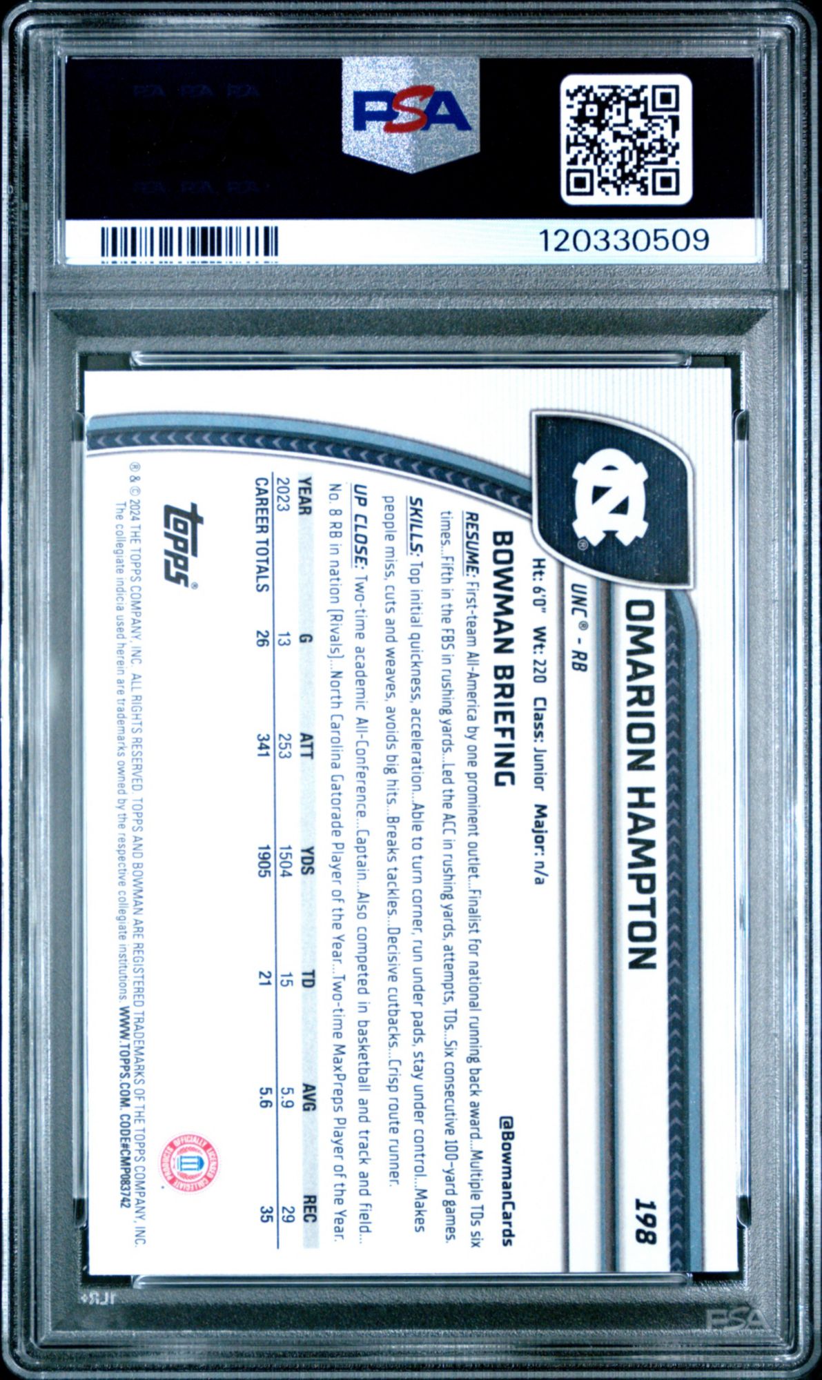2024 Bowman University Chrome Sapphire 198 Omarion Hampton PSA 10 product image