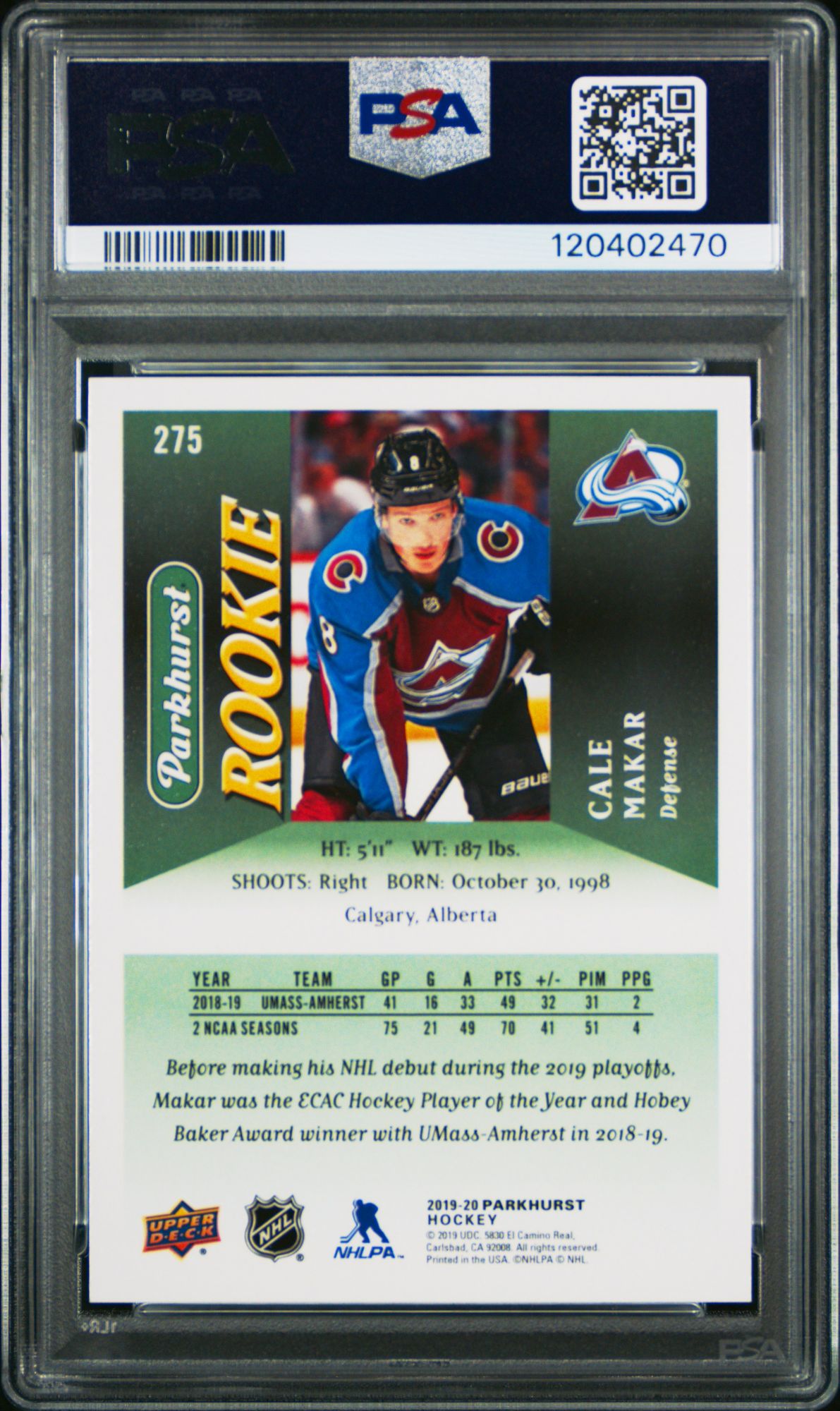 2019 Parkhurst 275 Cale Makar PSA 10 product image