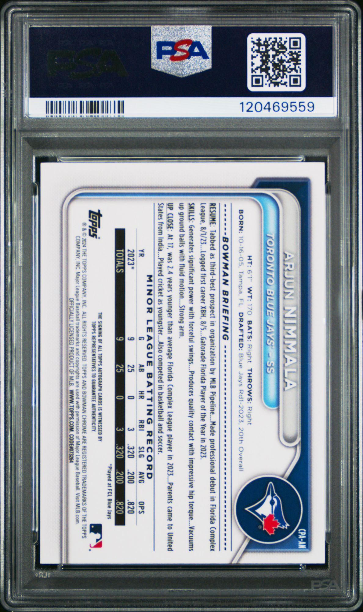 2024 Bowman Chrome Prospect Autographs CPAAN Arjun Nimmala HTA Green Lava PSA 10 product image