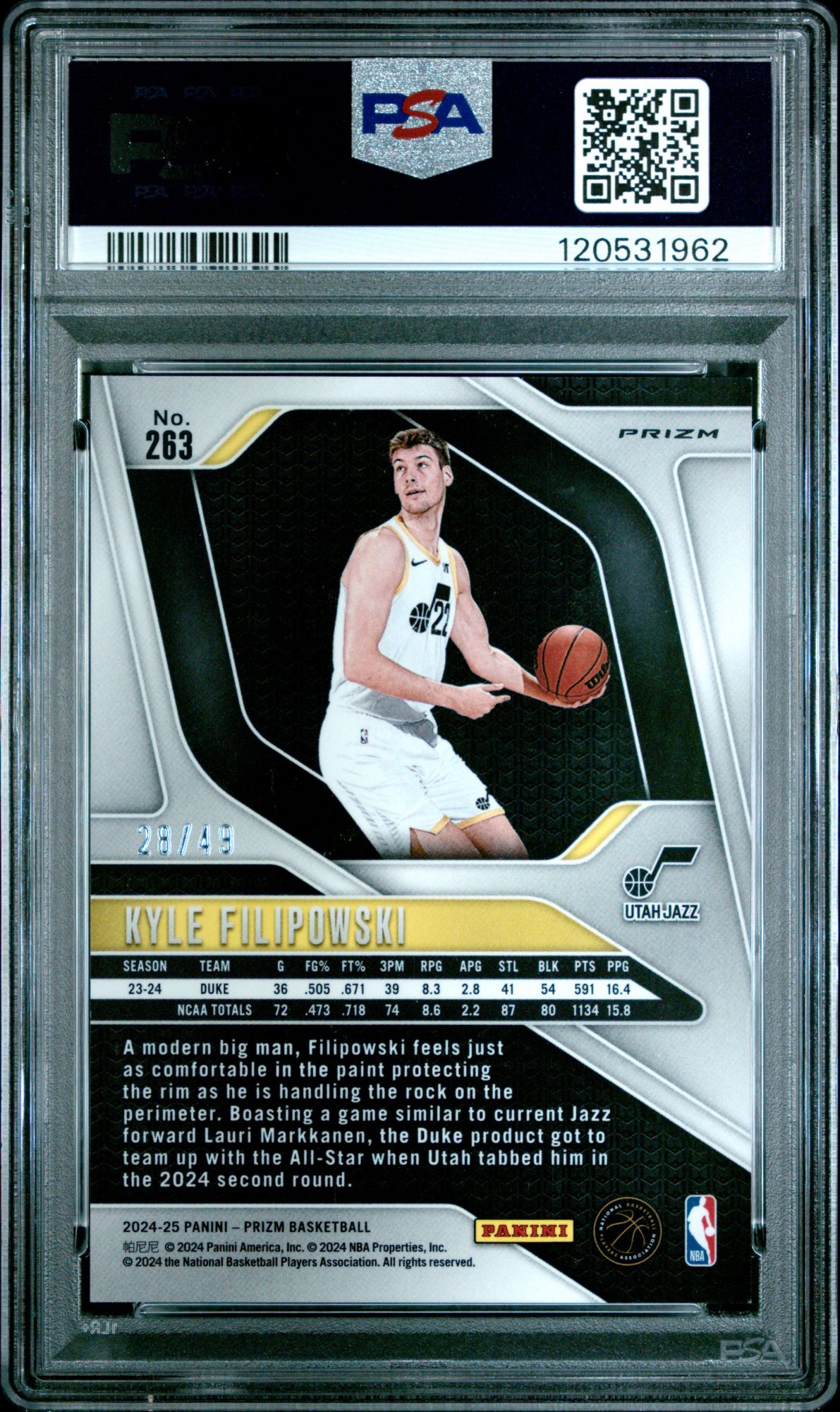 2024 Panini Prizm 263 Kyle Filipowski Orange Prizm PSA 9 product image