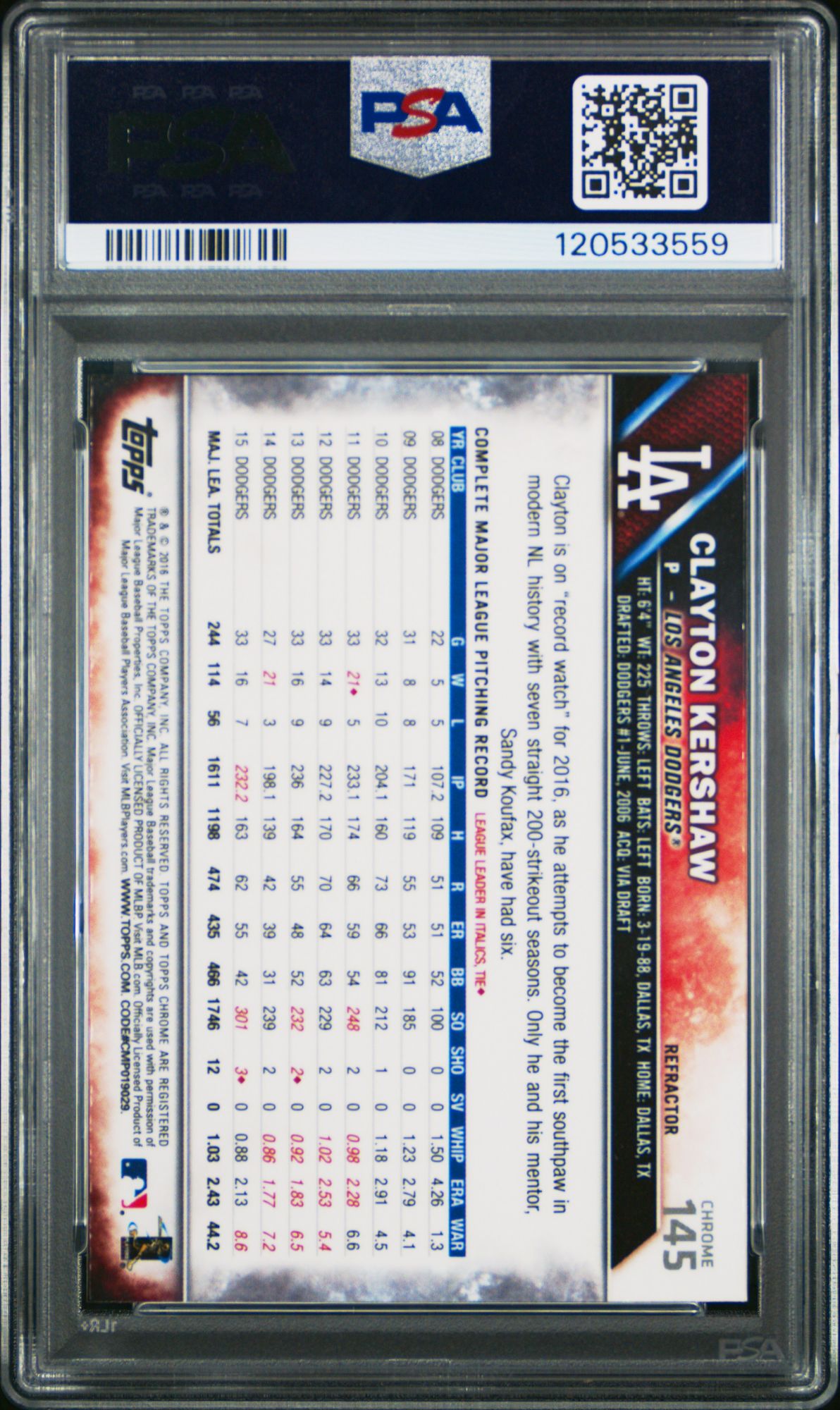 2016 Topps Chrome 145 Clayton Kershaw Variation-Refractor PSA 10 product image