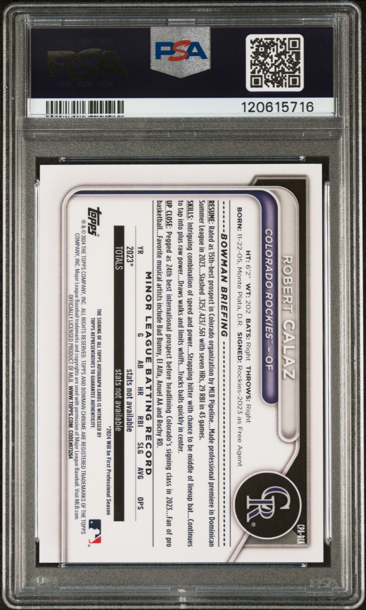 2024 Bowman Chrome Prospect Autographs CPARCA Robert Calaz PSA 10 product image