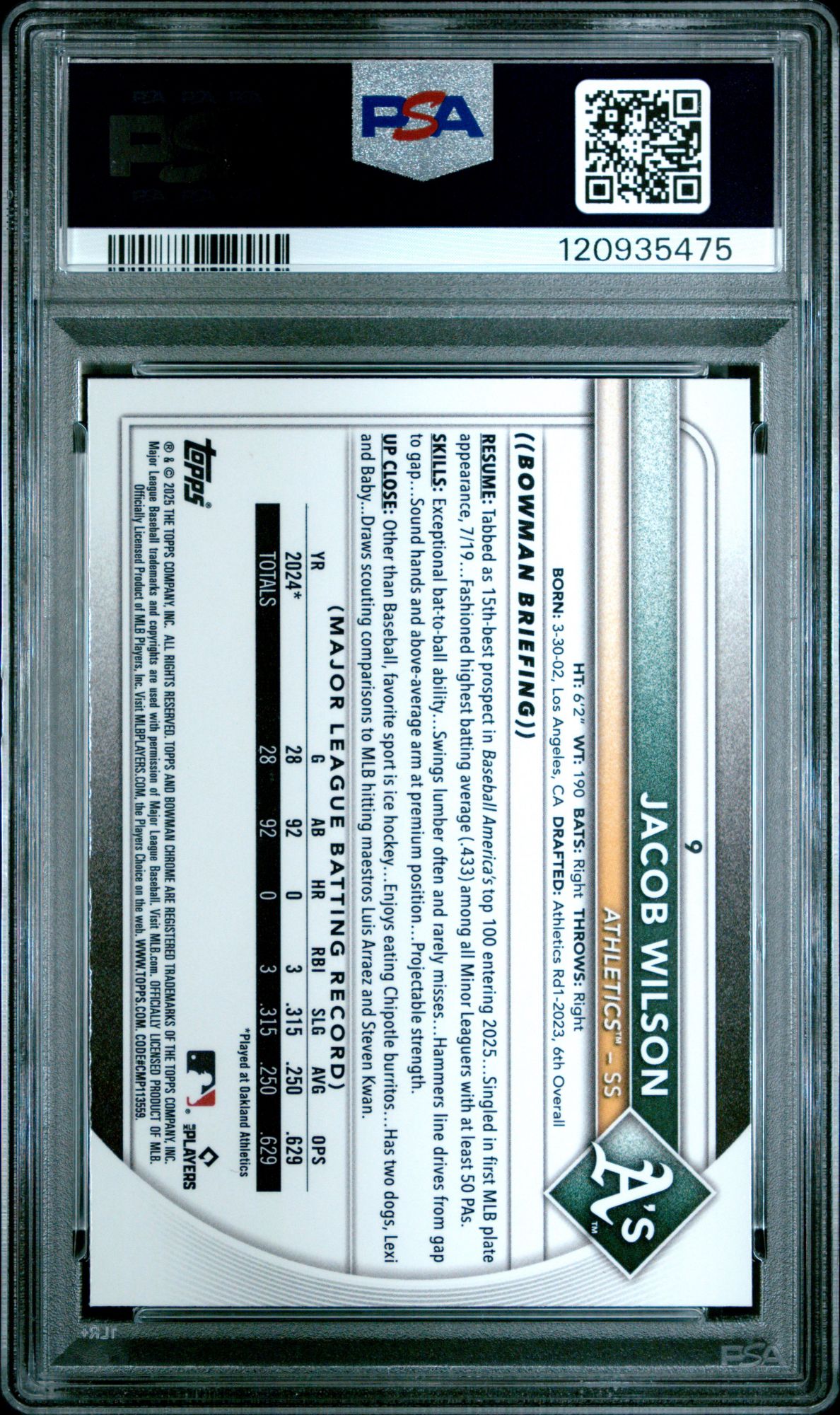 2025 Bowman 9 Jacob Wilson Red Rookie Redemption PSA 10 product image