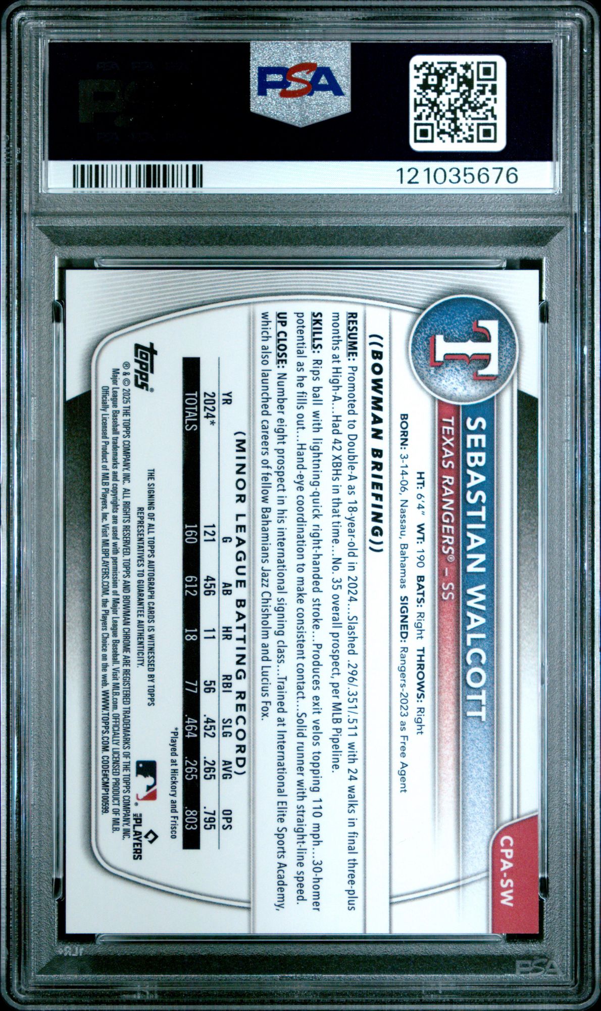 2025 Bowman Chrome Prospect Autographs CPASW Sebastian Walcott HTA Choice Refractor PSA 10 product image