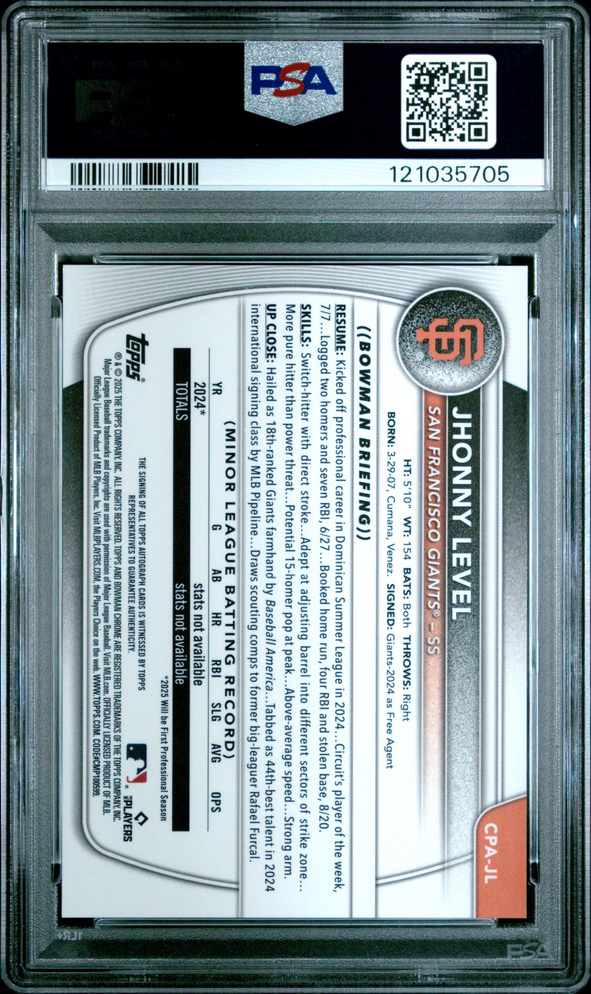 2025 Bowman Chrome Prospect Autographs CPAJL Jhonny Level PSA 9 product image