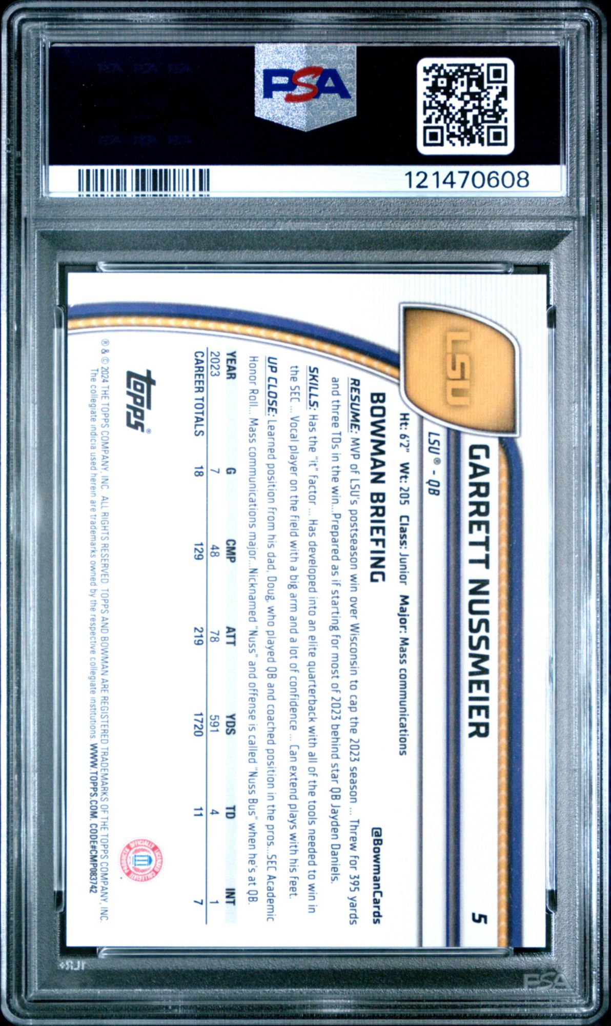 2024 Bowman University Chrome 5 Garrett Nussmeier Purple Mini Diamond PSA 10 product image