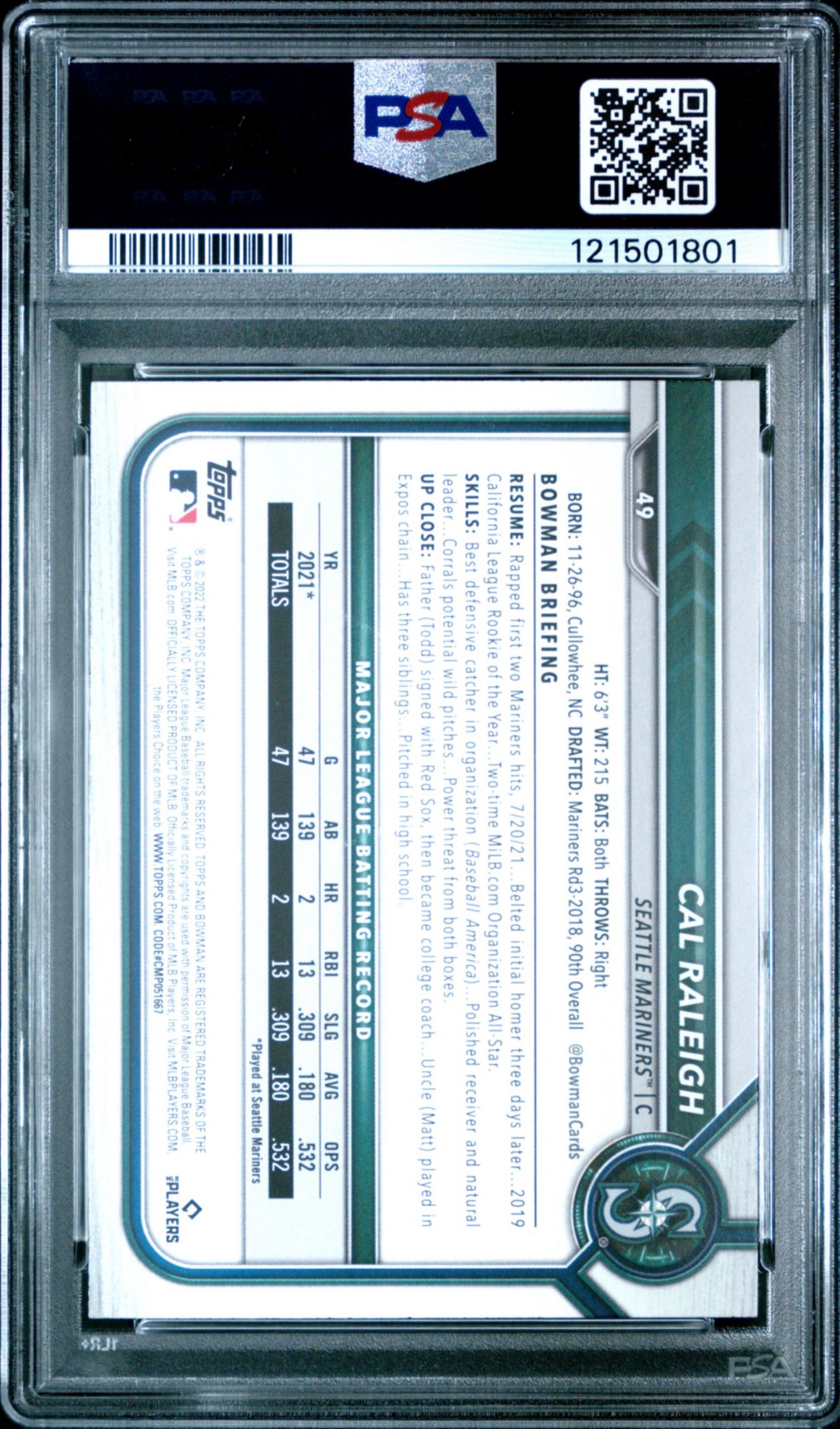 2022 Bowman 49 Cal Raleigh PSA 10 product image