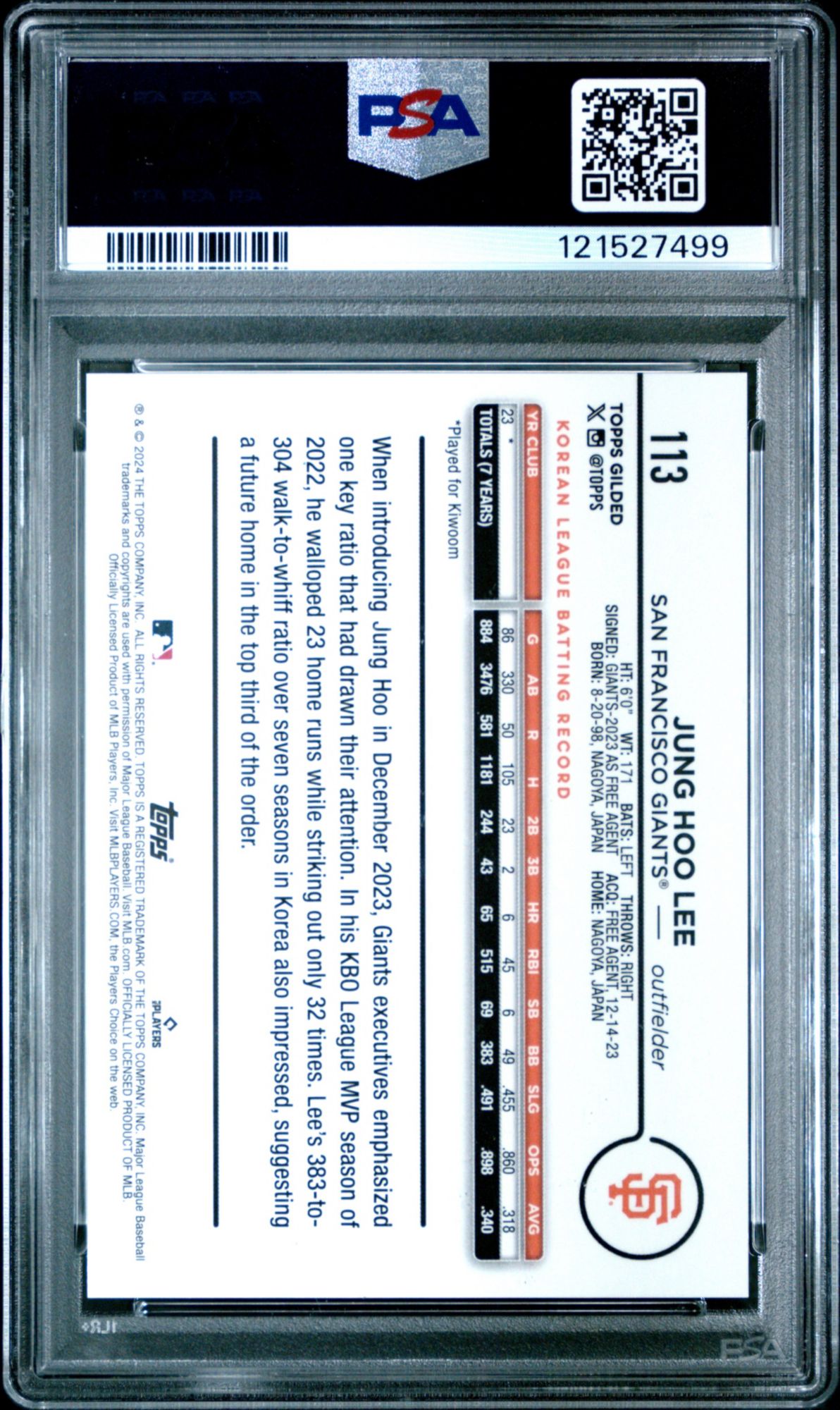 2024 Topps Gilded Collection 113 Jung Hoo Lee Gold Wave PSA 10 product image