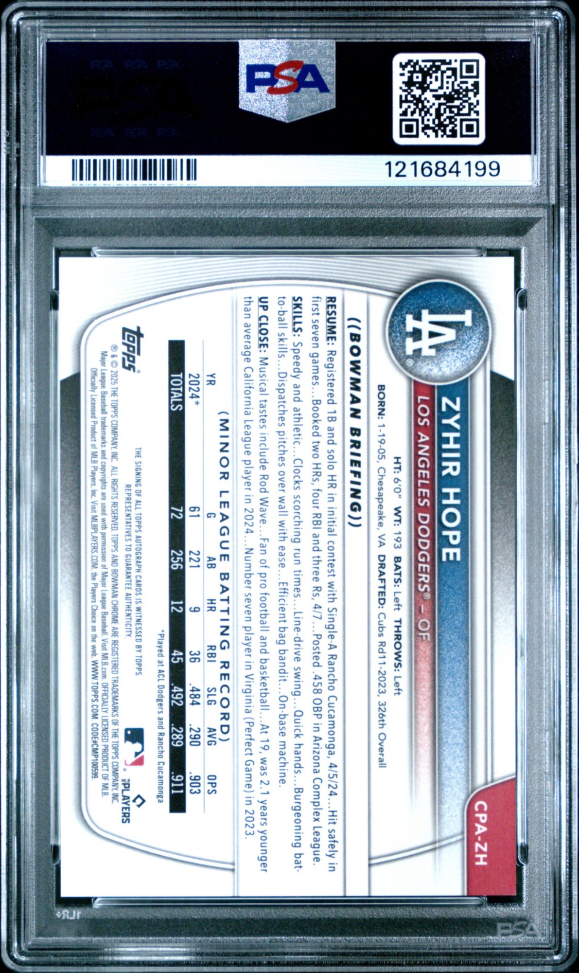 2025 Bowman Chrome Prospect Autographs CPAZH Zyhir Hope PSA 10 product image
