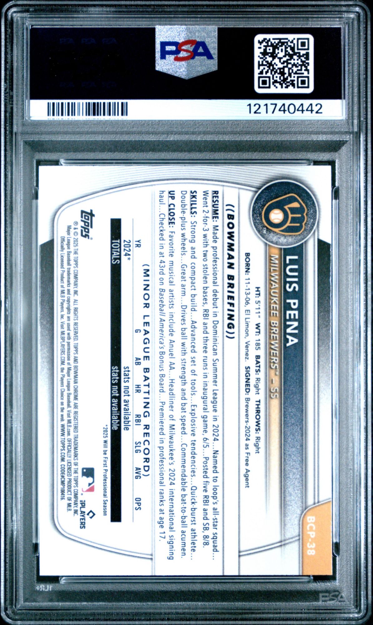 2025 Bowman Chrome Prospects BCP38 Luis Pena Mini Diamond PSA 10 product image