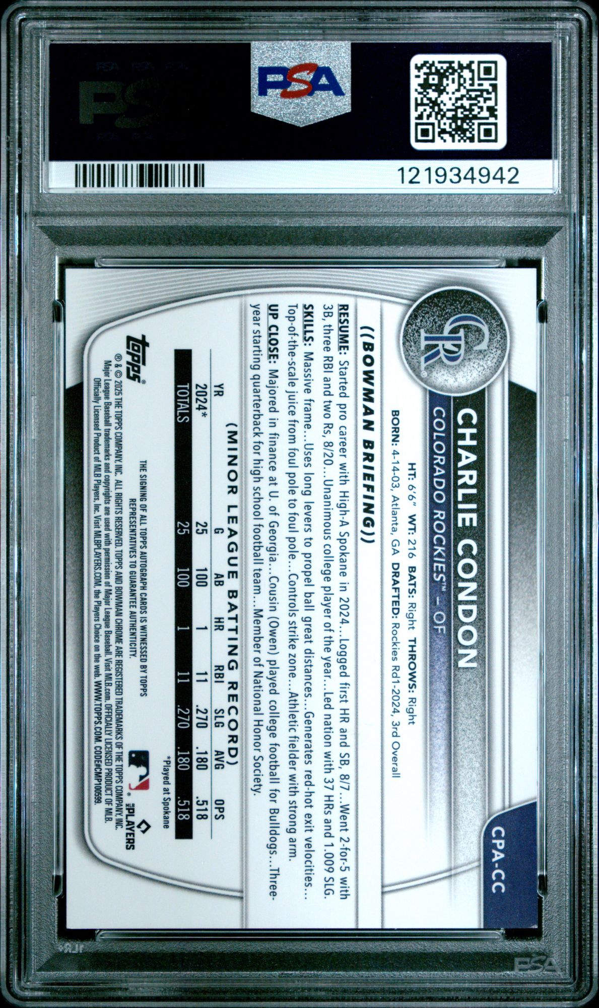 2025 Bowman Chrome Prospect Autographs CPACC Charlie Condon Speckle Refractor PSA 9 product image