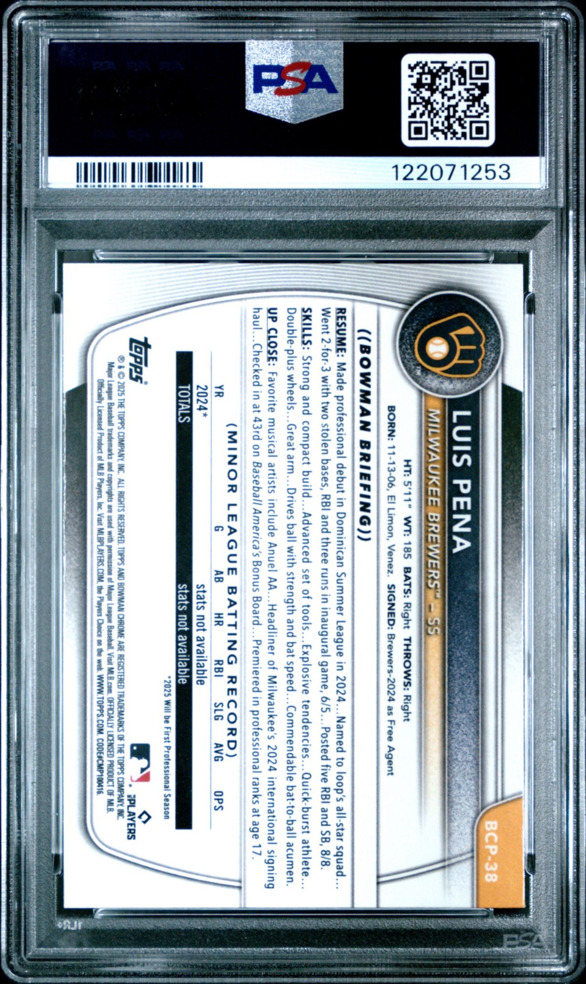 2025 Bowman Chrome Prospects BCP38 Luis Pena  PSA 10 product image