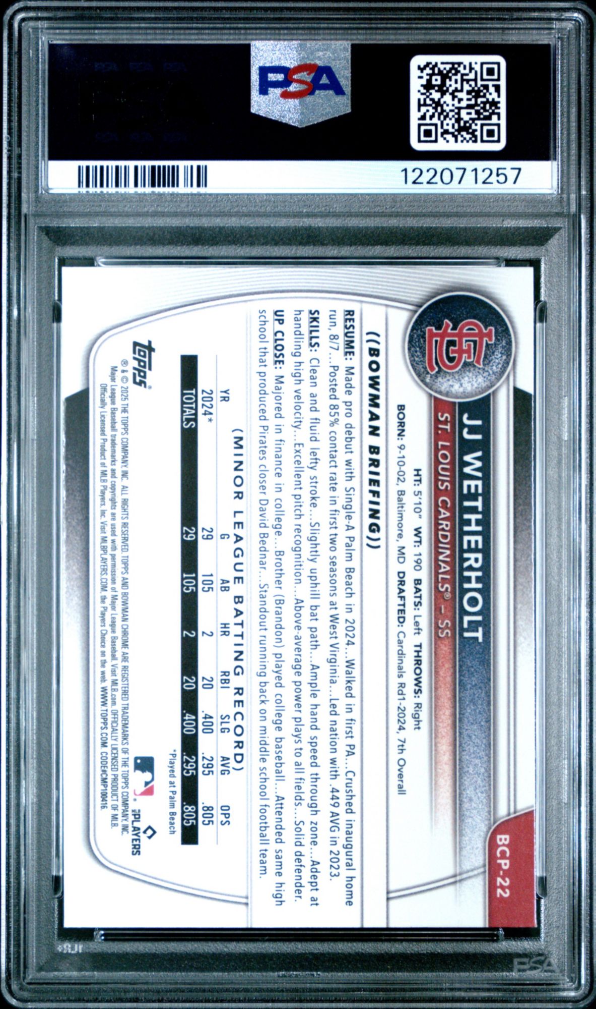 2025 Bowman Chrome Prospects BCP22 JJ Wetherholt PSA 10 product image