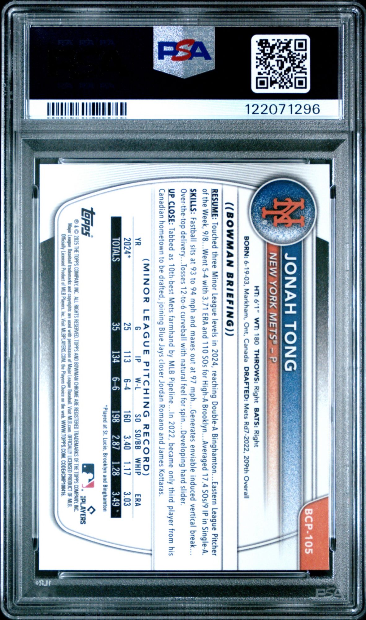 2025 Bowman Chrome Prospects BCP105 Jonah Tong Reptilian Refractor PSA 10 product image